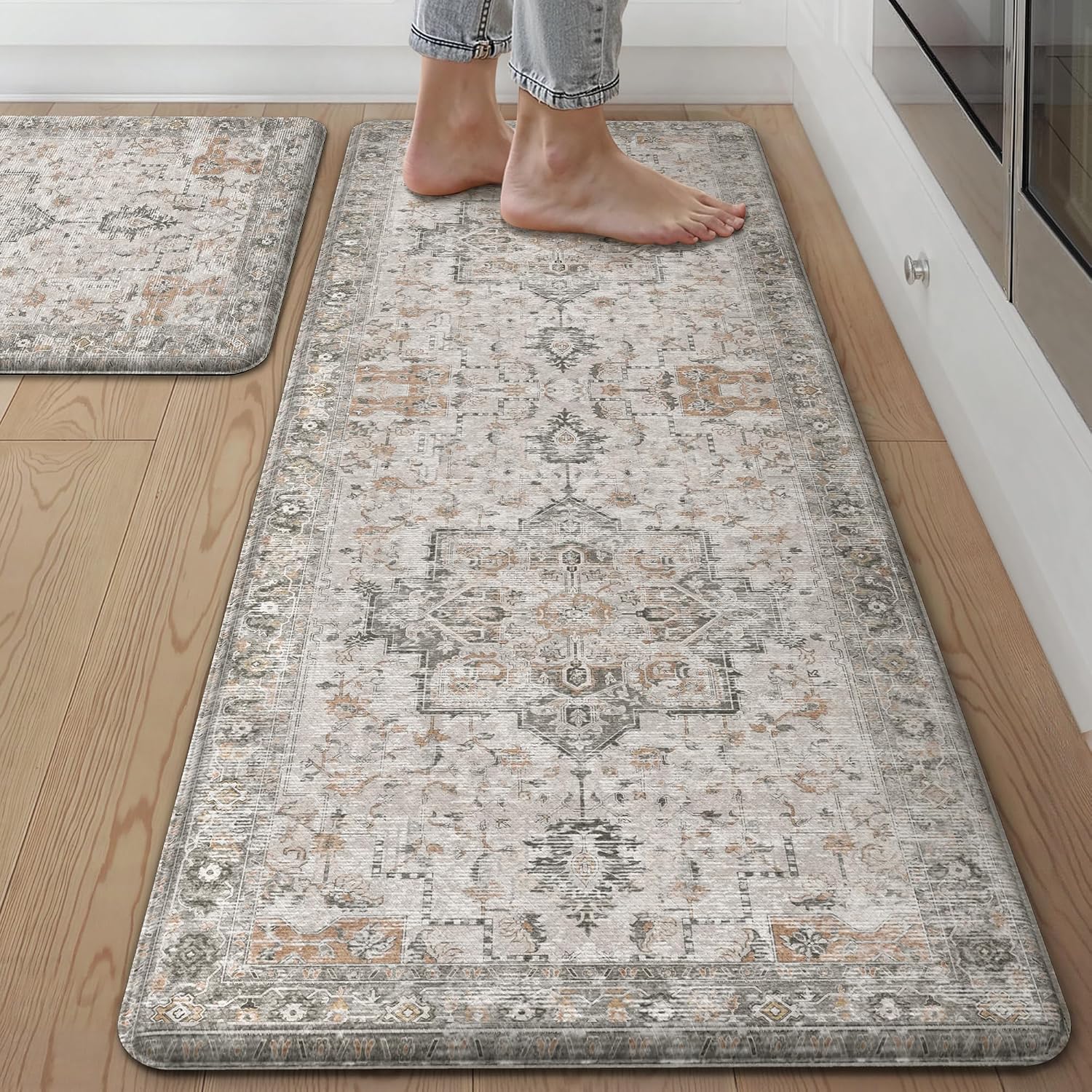 GENIMO Kitchen Mats for Floor 2PCs, Washable Anti Fatigue Mat for Cushioned, 17.3″x47″+17.3″x30″, Waterproof Kitchen Rugs, Non Slip Comfort Standing Mat Rug for Home, Sink, Laundry, LightTaupeBrown