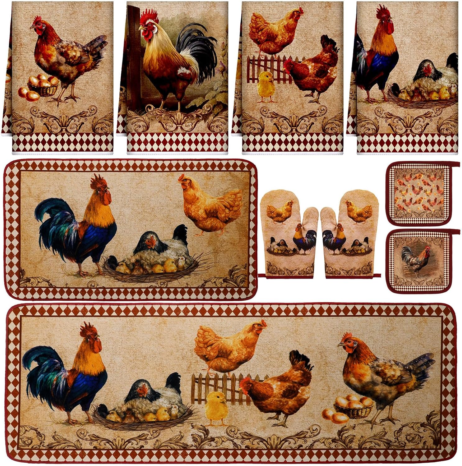 Fourluoo 10 Pcs Rooster Chicken Kitchen Dish Towels Rugs Oven Mitts and Pot Holders Sets Farmhouse Rustic Rooster Kitchen Decor Set for Cooking Baking Grilling Women Mom Gift(Brown)