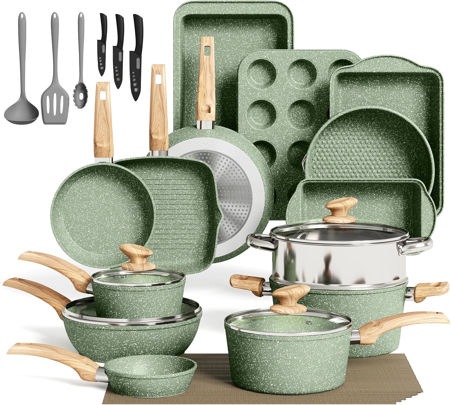MAISON ARTS 30 Piece Pots and Pans Set, Kitchen Cookware Sets Non Stick | Induction Compatible, PFOA & PFOS Free, Bakeware Sets with Baking Tray, Frying Pan and Saucepan, Green