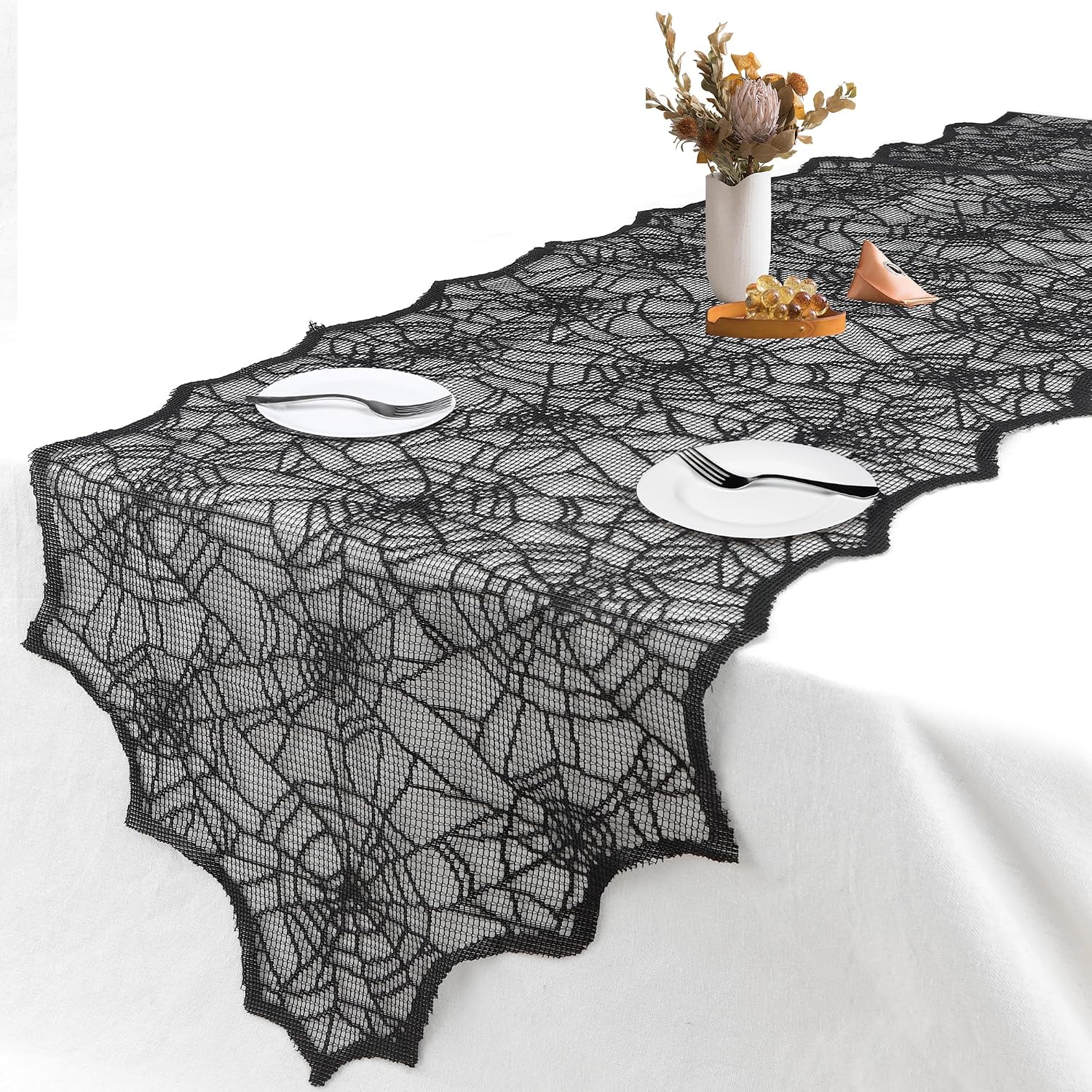 Halloween Decorations Table Runner – Black Lace Spider Web Table Runners for Halloween Table Decor, 18 X 72 Inch Halloweens Lace Table Runner for Halloweens Party Home Kitchen Dinner Decoration Indoor