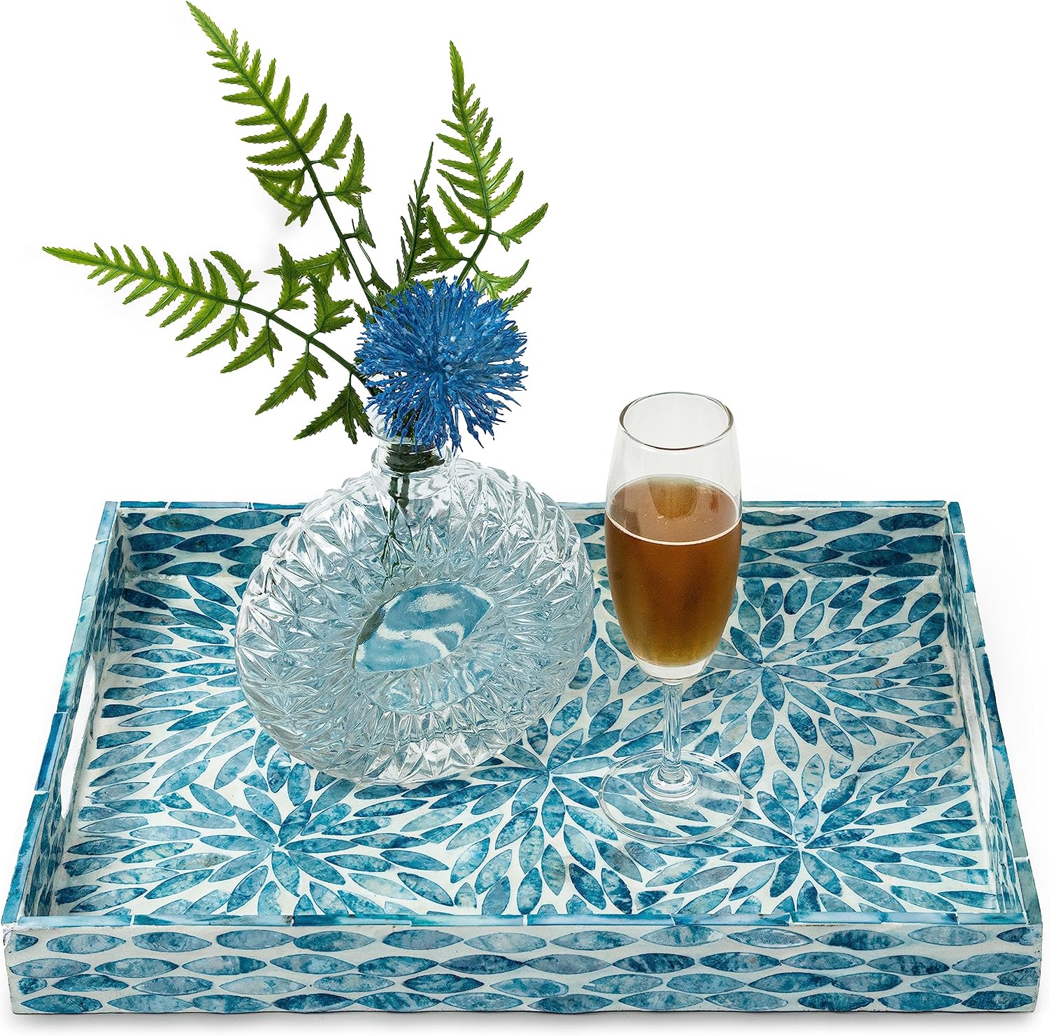 Serving Tray 15.7″ X11.8″, Lacquer Mother of Pearl Inlay Mosaic Tray, Rectangle Wooden Marble Tray with Handles Trays for Tea, Breakfast in Bed, Table (Flower Style)