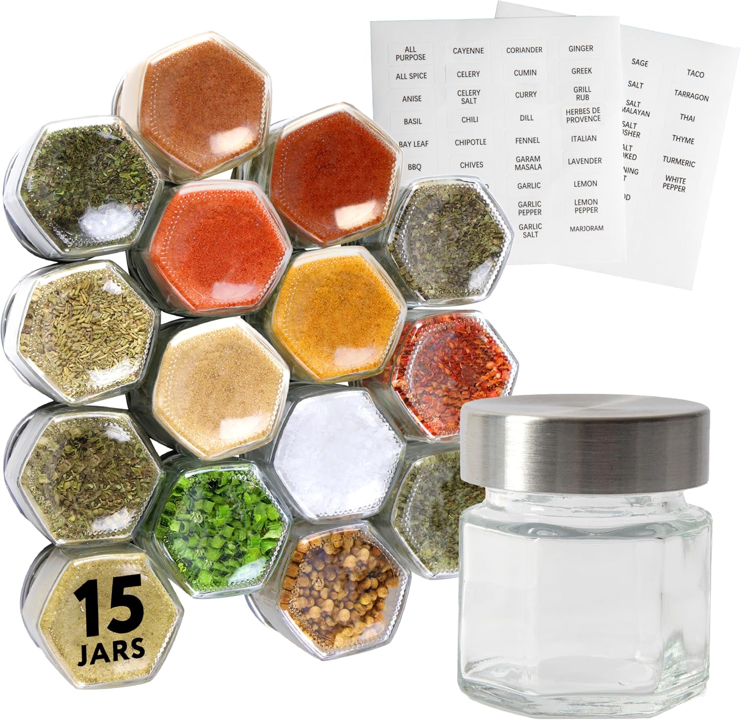 IMPRESA Hexagon Magnetic Spice Jars – Pack of 15-1.74 Oz Strong Magnetic Seasoning Containers – Space-Saving Honeycomb Spice Jars – Airtight Glass Storage Containers with Steel Lids