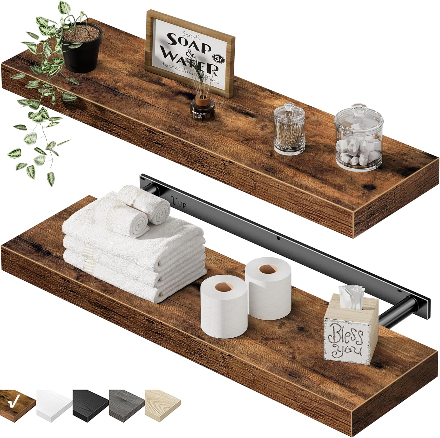 QEEIG Floating Shelves for Wall 23.6″ Long – Wall Mounted Shelf Bathroom Kitchen Living Room Bedroom Farmhouse Home Decor Display Bookshelf Set of 2, Rustic Brown (008-60BN)
