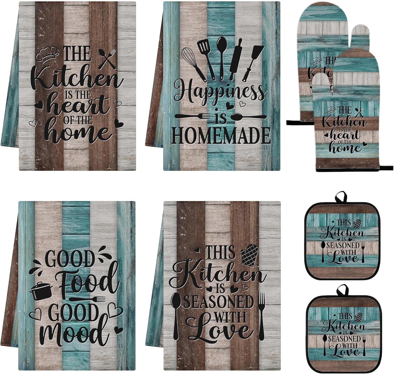 8 Pcs Farmhouse Kitchen Decor Set Teal Rustic Wood Grain Heat Resistant Oven Mitts and Pot Holders Teal Kitchen Dish Towels Set Inspirational Accessories for Home Cooking Baking Decorations Gift