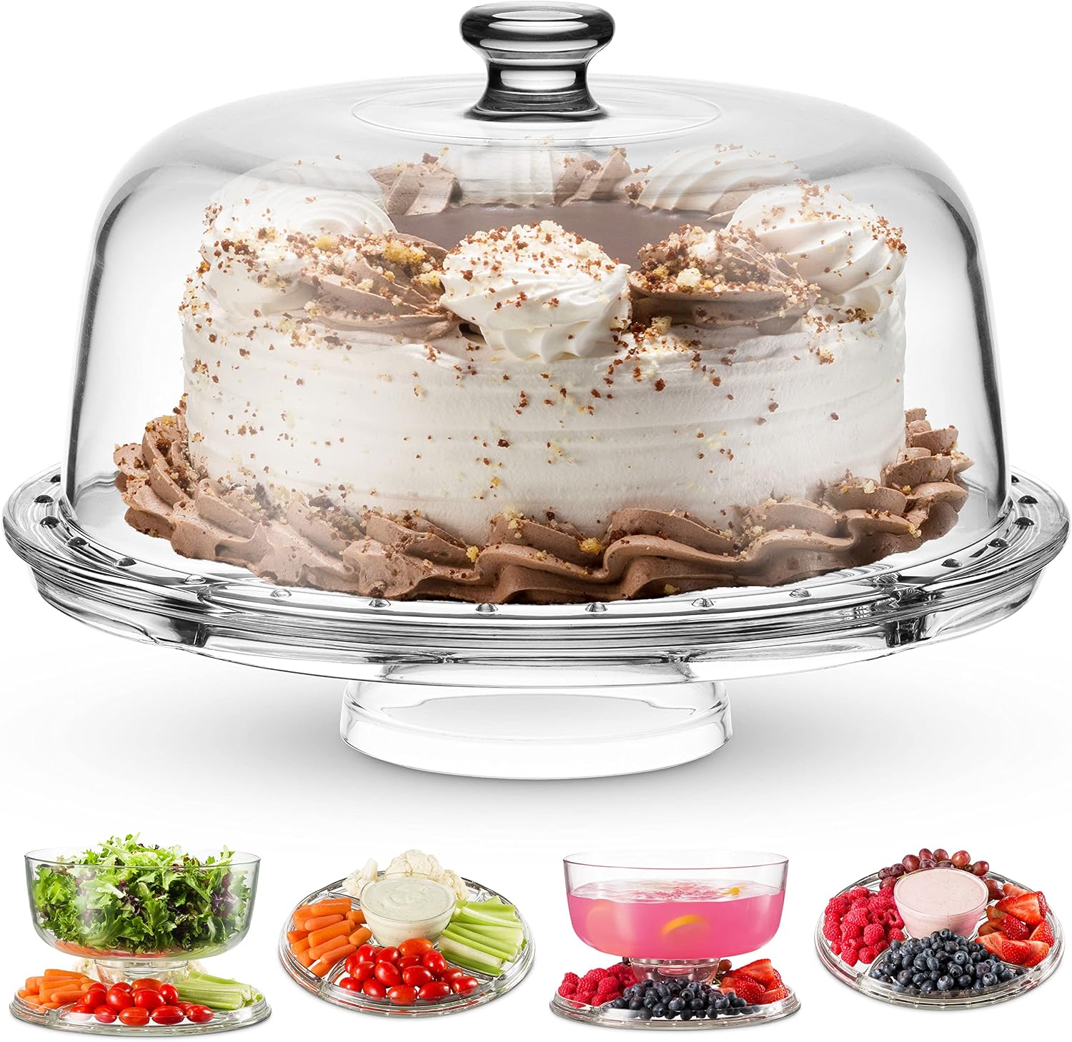 Godinger Cake Stand and Serving Plate Platter with Dome Lid, 6 in 1 Multi-Purpose Use, Crystal Glass Footed Cake Stand, Salad Bowl, Cake Plate, Fruit Platter – Made in Italy