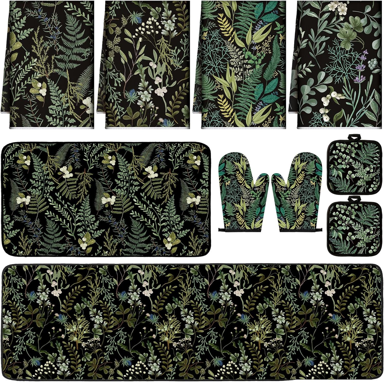 VitalCozy 10 Pcs Sage Black Kitchen Decor Set Black Kitchen Towels and Rugs Oven Mitts Pot Holders Absorbent Towels for Baking Cooking BBQ Gifts Home Decor