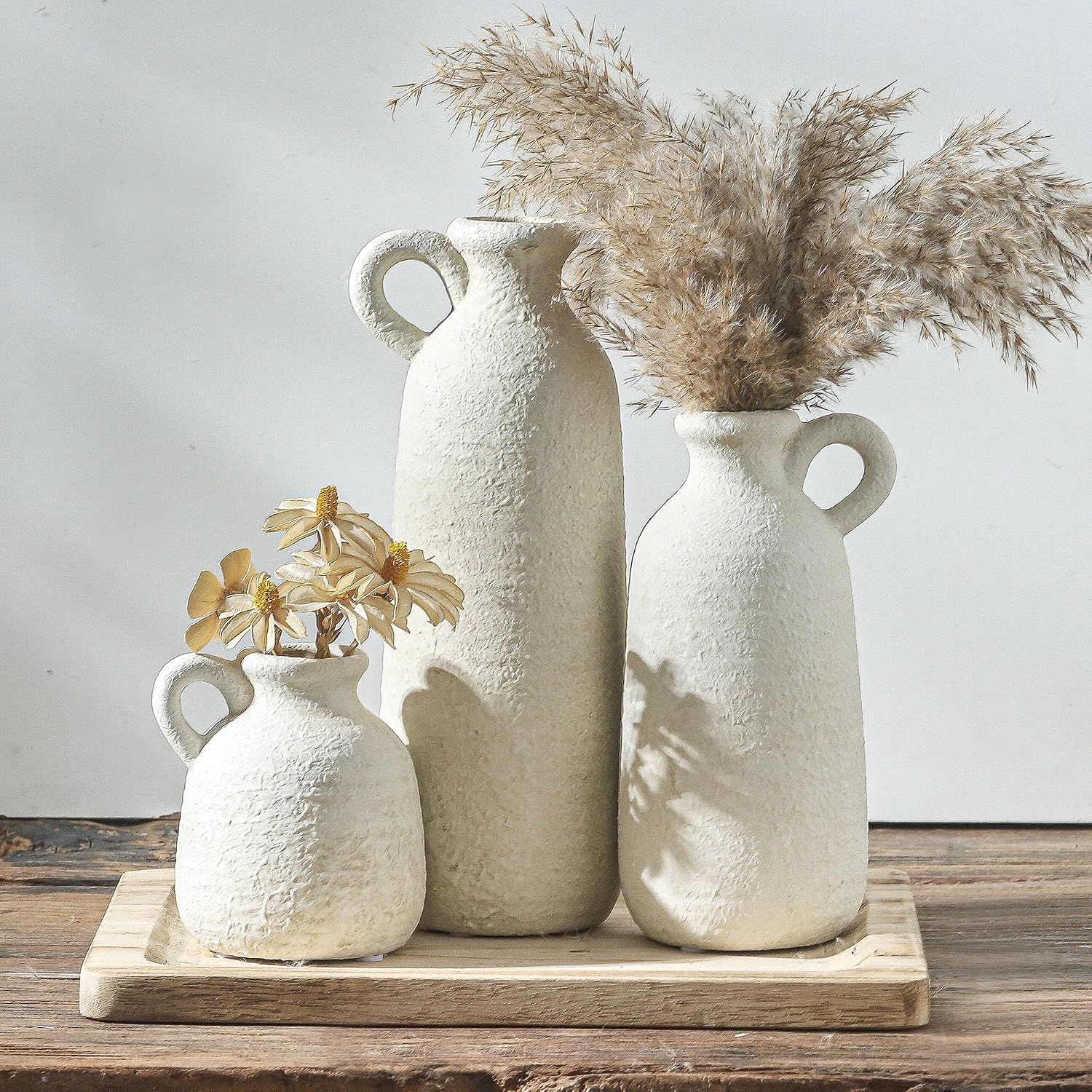 Ceramic Vase Set of 3 with Handle, Neutral Rustic Vases Home Decor Farmhouse Decorative Vase Whitewashed Pottery Decor Modern for Table Mantel Entryway Bookshelf Living Room Kitchen Bedroom – White