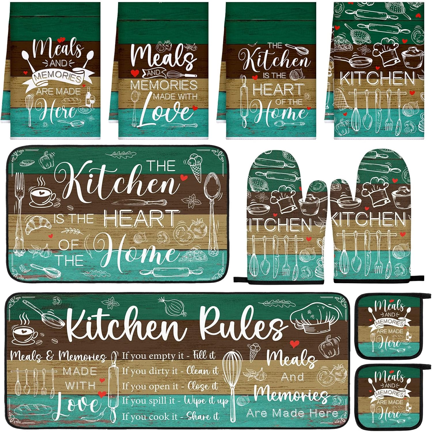 Fourluoo 10 Pcs Teal and Brown Kitchen Decor Set Farmhouse Oven Mitts and Pot Holders Sets Turquoise Dish Towels Kitchen Rugs and Mats for Home Decorations Baking Cooking Birthday Summer Gifts