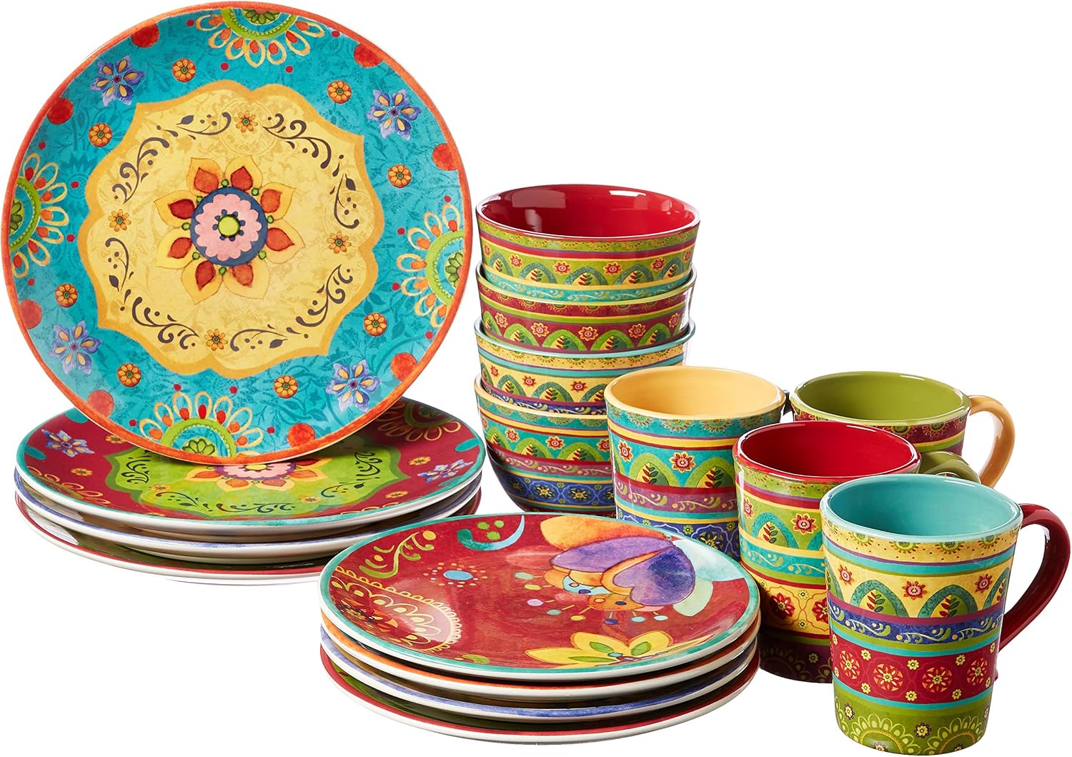 Tunisian Sunset 16-Piece Ceramic Dinnerware Set, Service for 4 – Colorful Boho Plates, Bowls & Mugs with Global Floral Patterns for Everyday Dining, Entertaining & Eclectic Kitchen Décor
