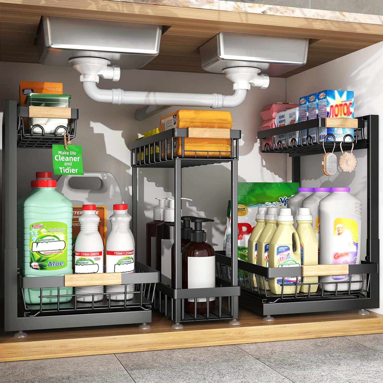 Sevenblue 3 Pack Under Sink Organizer, Height Adjustable 2 Tier Pull-Out Metal Under Kitchen Sink Organizer, Multi-Purpose Storage Shelves for Kitchen Bathroom Cabinet, Black