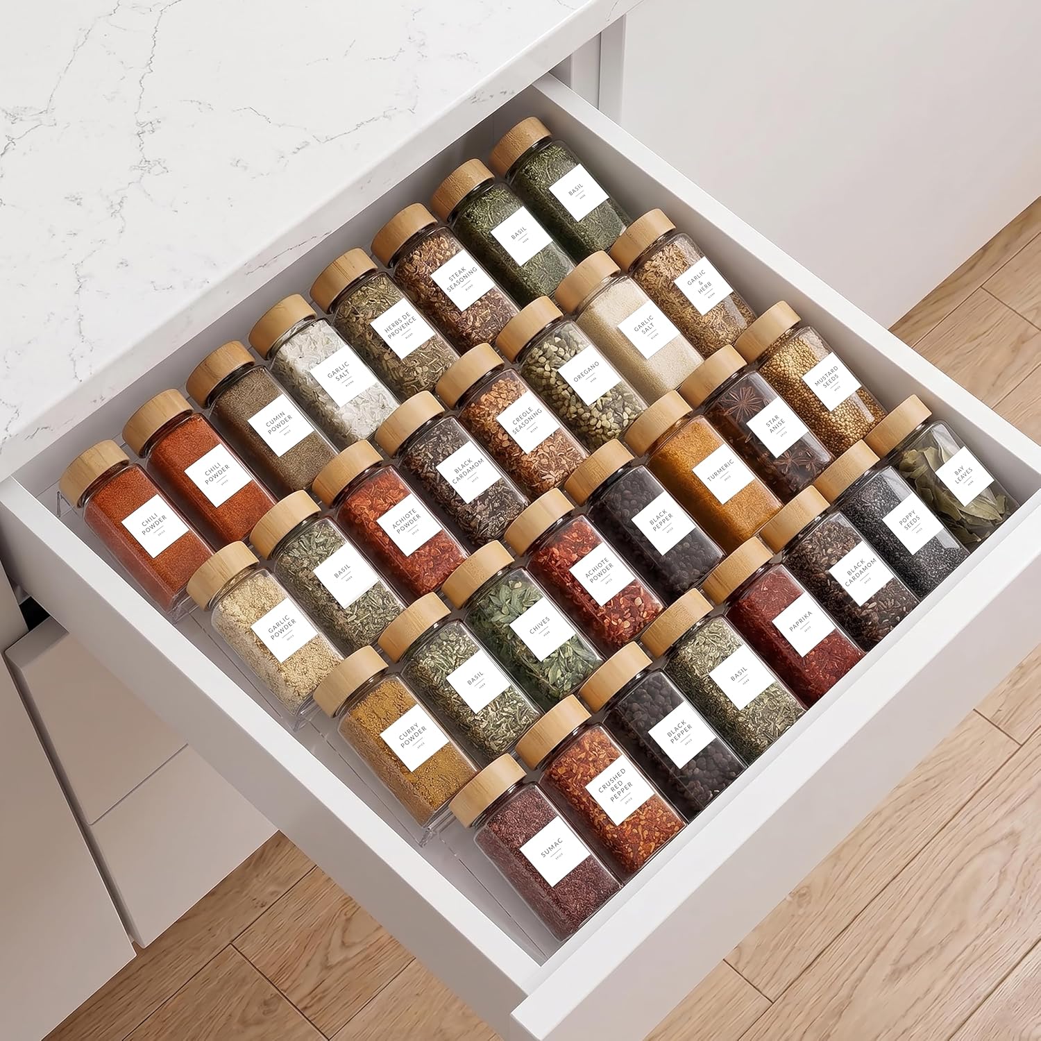 Acrylic Spice Drawer Organizer 4 PK, Expandable 13″-26″ Acrylic Spice Rack for Drawer Seasoning Organizer Tray, Shelf Stackable 4-Tier Herb Jar Rack Insert for Kitchen Cabinet, Herb Jars Not Included