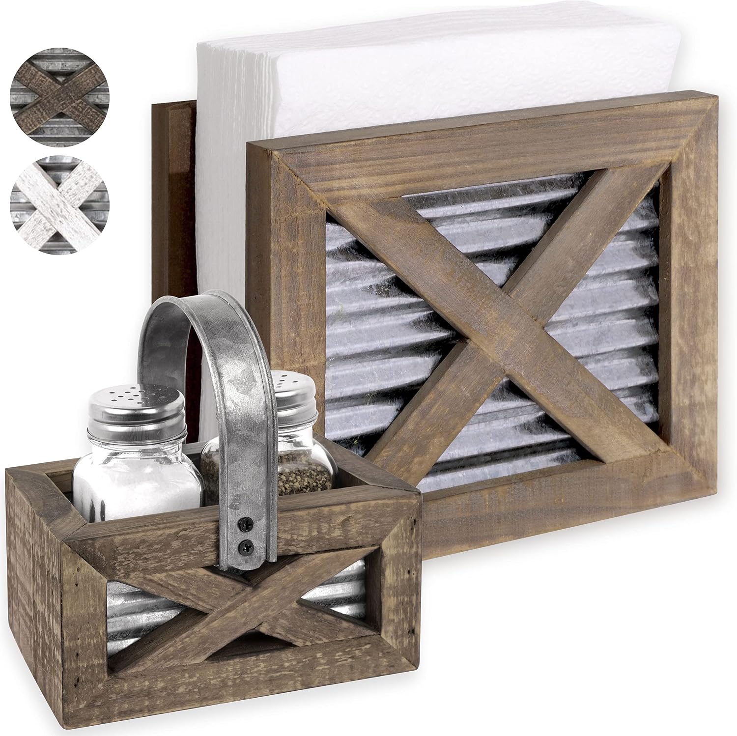 Autumn Alley Farmhouse Napkin Holder and Adorable Farmhouse Salt and Pepper Shakers Set With Wood Holder – Western Kitchen, Galvanized Metal – Upright Rustic Napkin Holder Rustic Kitchen Décor (Brown)