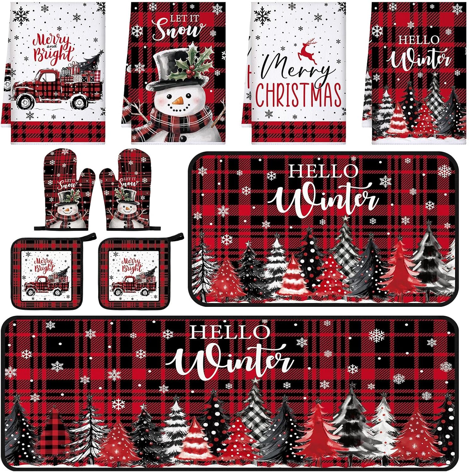 Fourluoo 10 Pcs Kitchen Dish Towels Rugs Oven Mitts and Pot Holders Set Farmhouse Kitchen Decor Set for Women Mom Daughter Gift Cooking Baking Grilling(Black, Red,Christmas Snowflake)