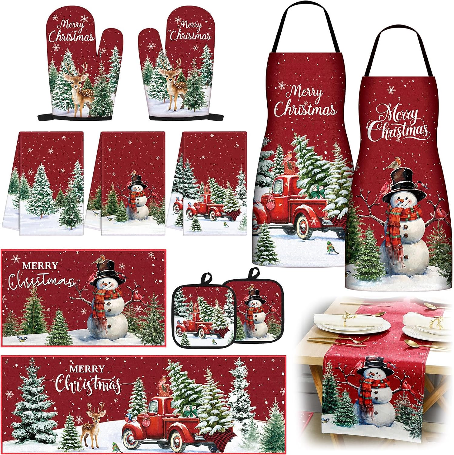 Bonuci 12 Pcs Christmas Kitchen Sets Decoration Table Runner Kitchen Aprons Dish Towels Rugs Oven Mitts and Pot Holders Christmas Farmhouse Baking Set for Home Xmas Women Mom Gift Cooking Grilling