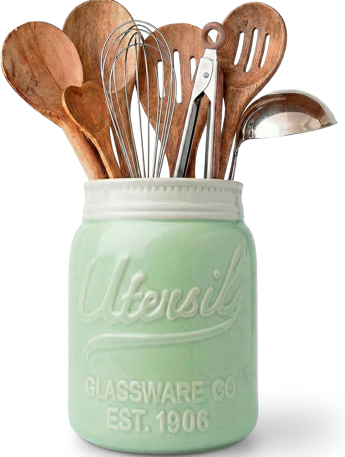 Comfify Green Mason Jar Utensil Holder – Wide Mouth Ceramic – Farmhouse | Green mason jar ceramic; 6.75″H x 5.5″ base; fits 10+ utensils; DISHWASHER SUITABLE; farmhouse kitchen decor