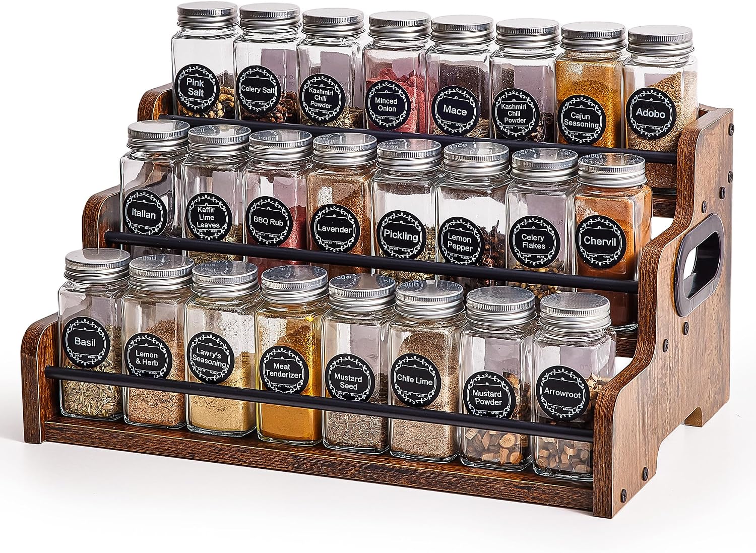 Aminigram Wood Spice Rack Organizer for Cabinet, 3 Tier Spice Shelf Storage, Kitchen Seasoning Organizer for Spice Bottles, Jars, Seasonings, Baking Supplies
