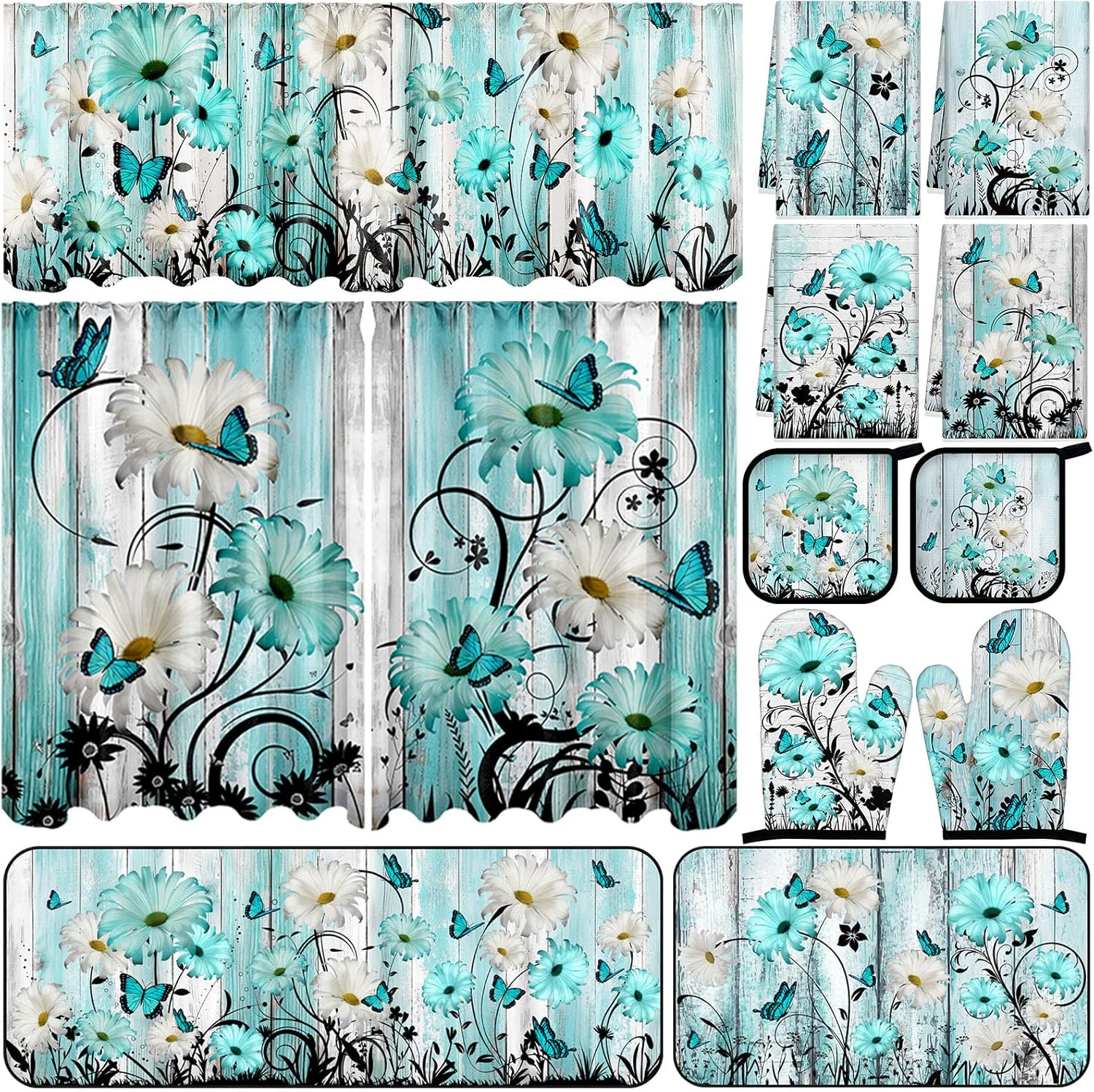 13 Pcs Farmhouse Teal Daisy Kitchen Decor Set 3 Turquoise Kitchen Curtains Valance 2 Rugs and Mats 4 Hand Towels 2 Pot Holders 2 Oven Mitts for Home Decor Cooking Grilling Housewarming Gift