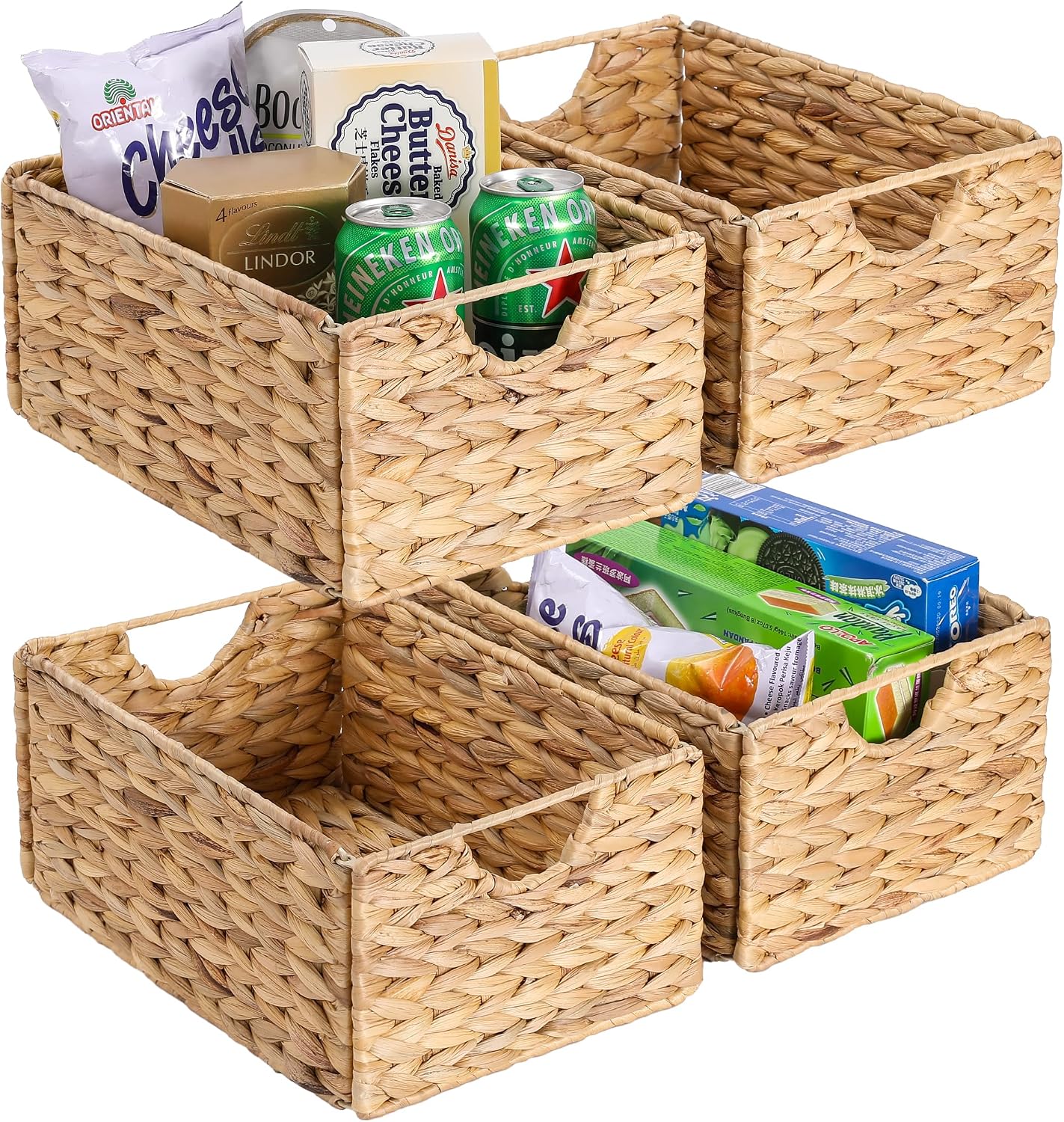 Water Hyacinth Pantry Baskets Set of 4, 12.5 x 9.5 x 6in Hanging Wicker Storage Baskets for Shelves, Pantry Baskets, Bathroom Shelves Storage Basket