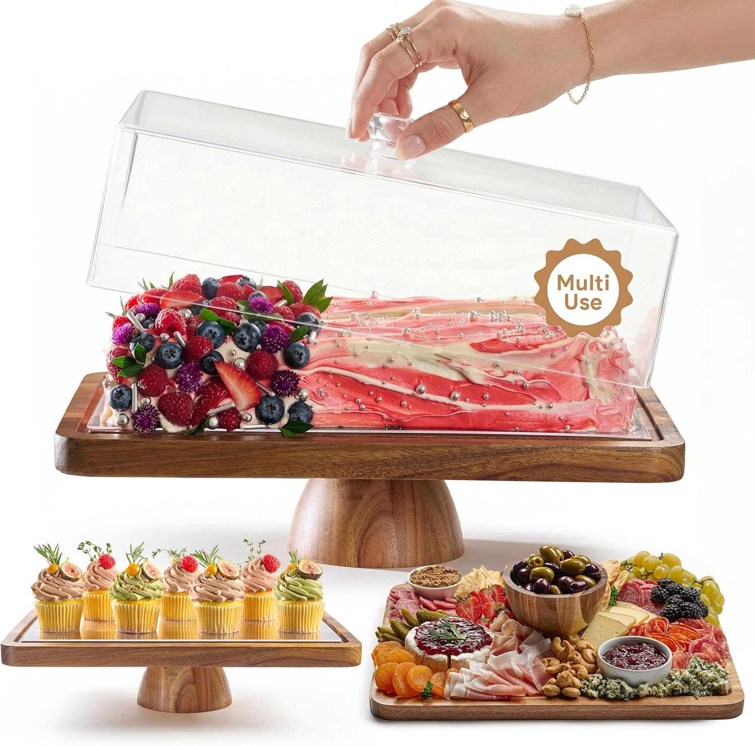 HOMESPHERE Acacia Wood Cake Stand with Lid – Rectangular Cake Holder, 2-in-1 Dessert Table Display Set & Charcuterie Board for Cheese, Chips, Fruit Platter, Large Acrylic Cake Dome Cover, No Glass