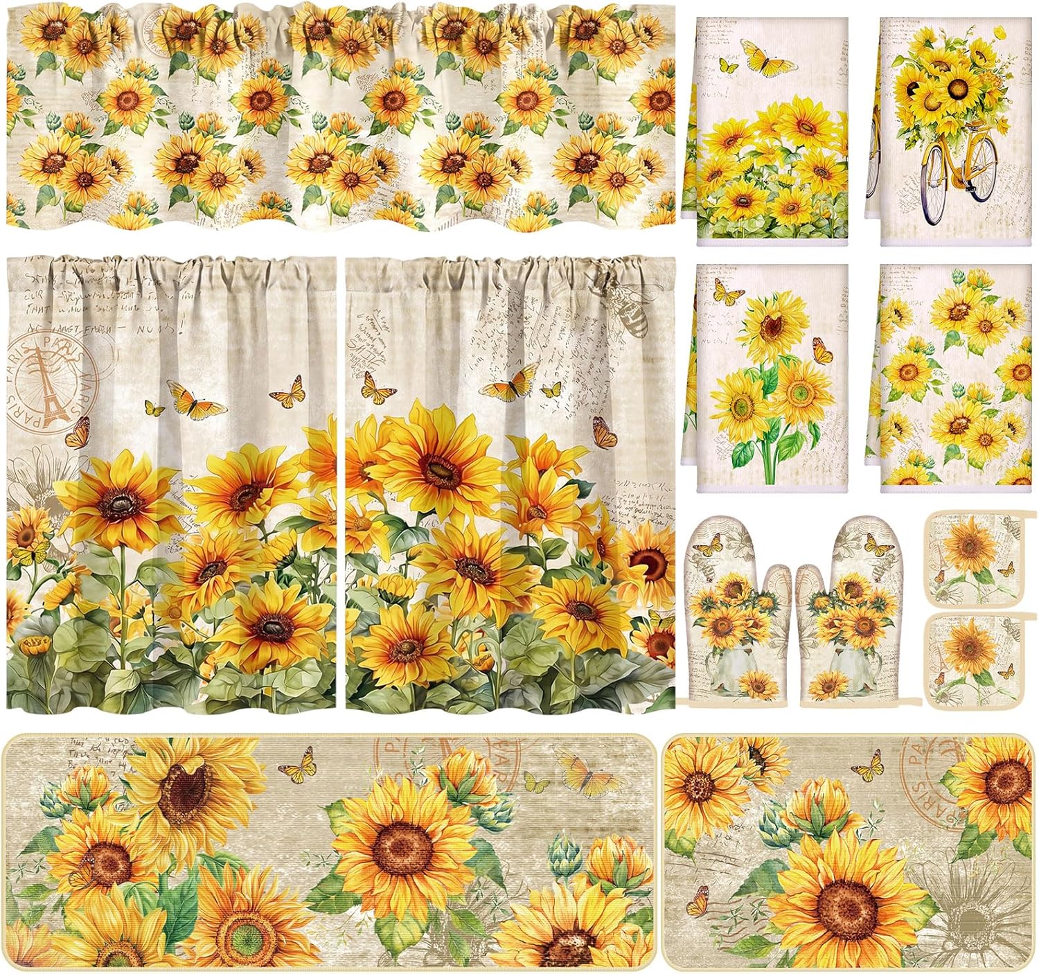 Fourluoo 13 Pcs Farmhouse Sunflower Kitchen Decor Set 4 Rustic Kitchen Towels 2 Nonslip Rugs and Mats 3 Yellow Curtains Valance 2 Pot Holders 2 Oven Mitts for Home Decoration Mom Cooking Grilling Gift