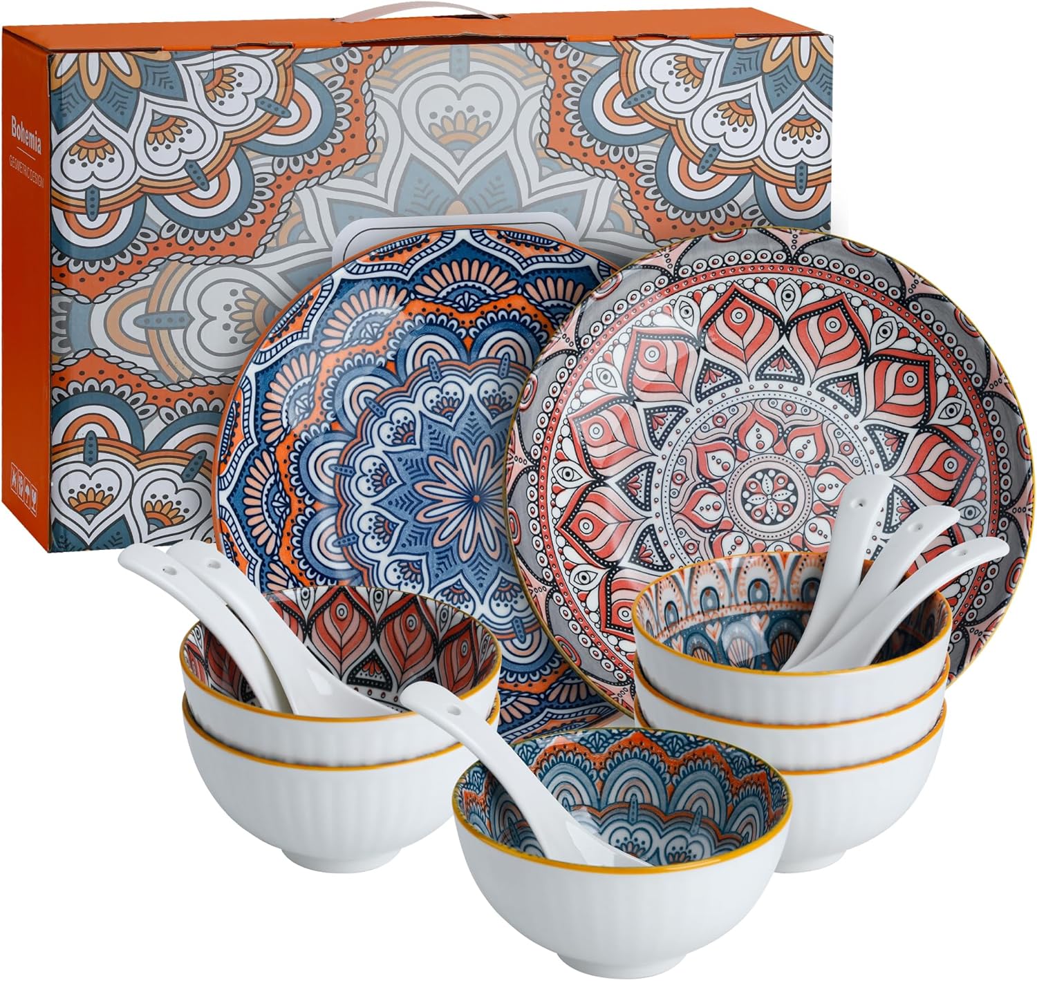 Bohemian Ceramic Dinnerware Set, 14-Piece Plates and Bowls, Microwave & Dishwasher Safe, Chip Resistant, Eclectic Gift Box