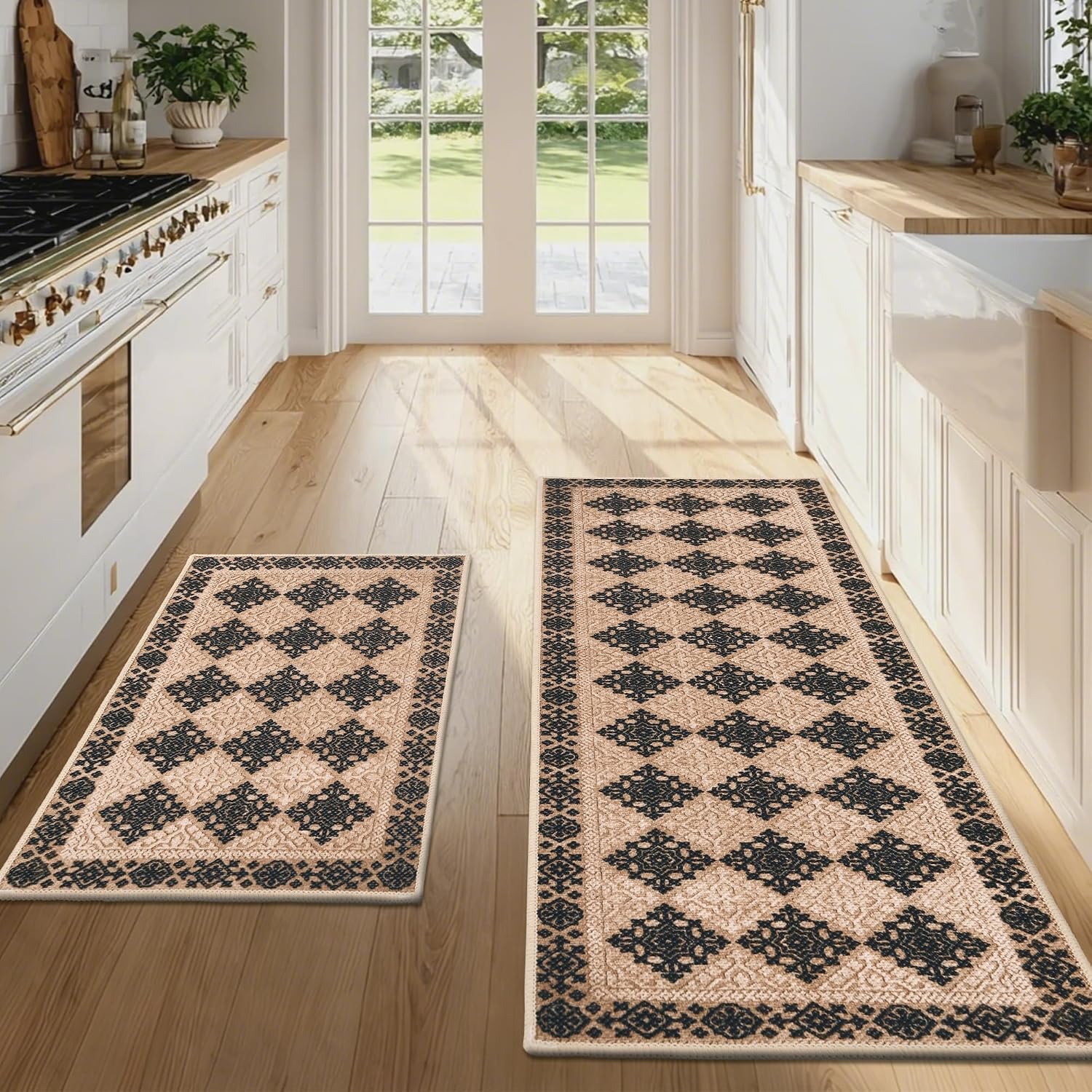 JIUZHEN Non Slip Kitchen Rugs, Sets of 2-Washable Kitchen Mats for Kitchen Decor, Front of Sink, Hallways Entryway Laundry Room（Black Checkerboard, 17.3″x30″+17.3″x47″）