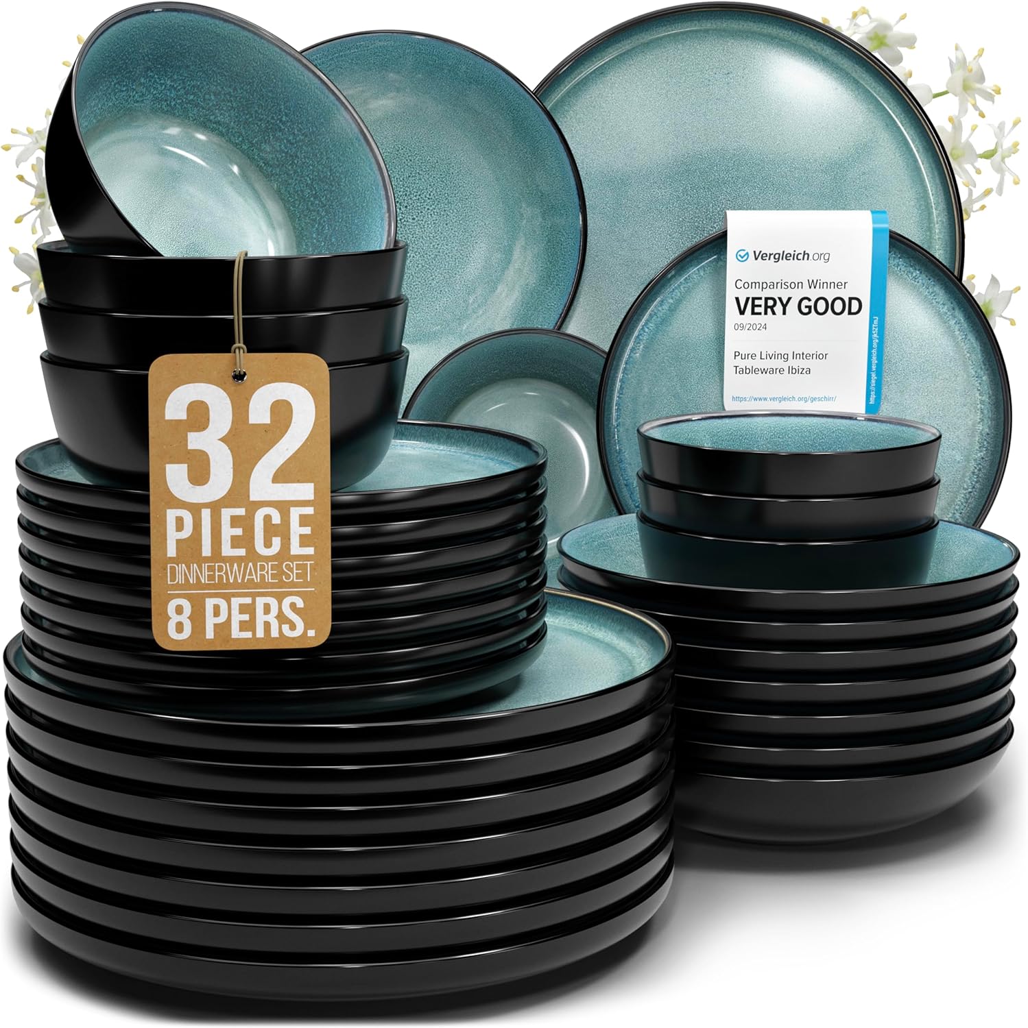 32 Piece Stoneware Dinnerware Set for 8 – Handmade Reactive Glaze Plates and Bowls Set – Chip & Scratch Resistant Dish Set – Dishwasher Microwave Safe – Dark Petrol Blue