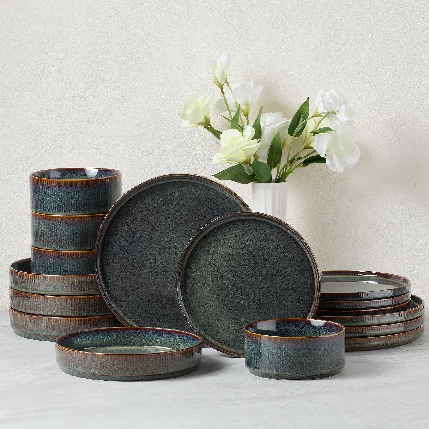 E-far 16 Piece Dinnerware Sets, Plates and Bowls with Pasta Bowls Service for 4, Modern Stoneware Ribbed Dishes for Kitchen Dining, Microwave & Dishwasher Safe, Blackish Green