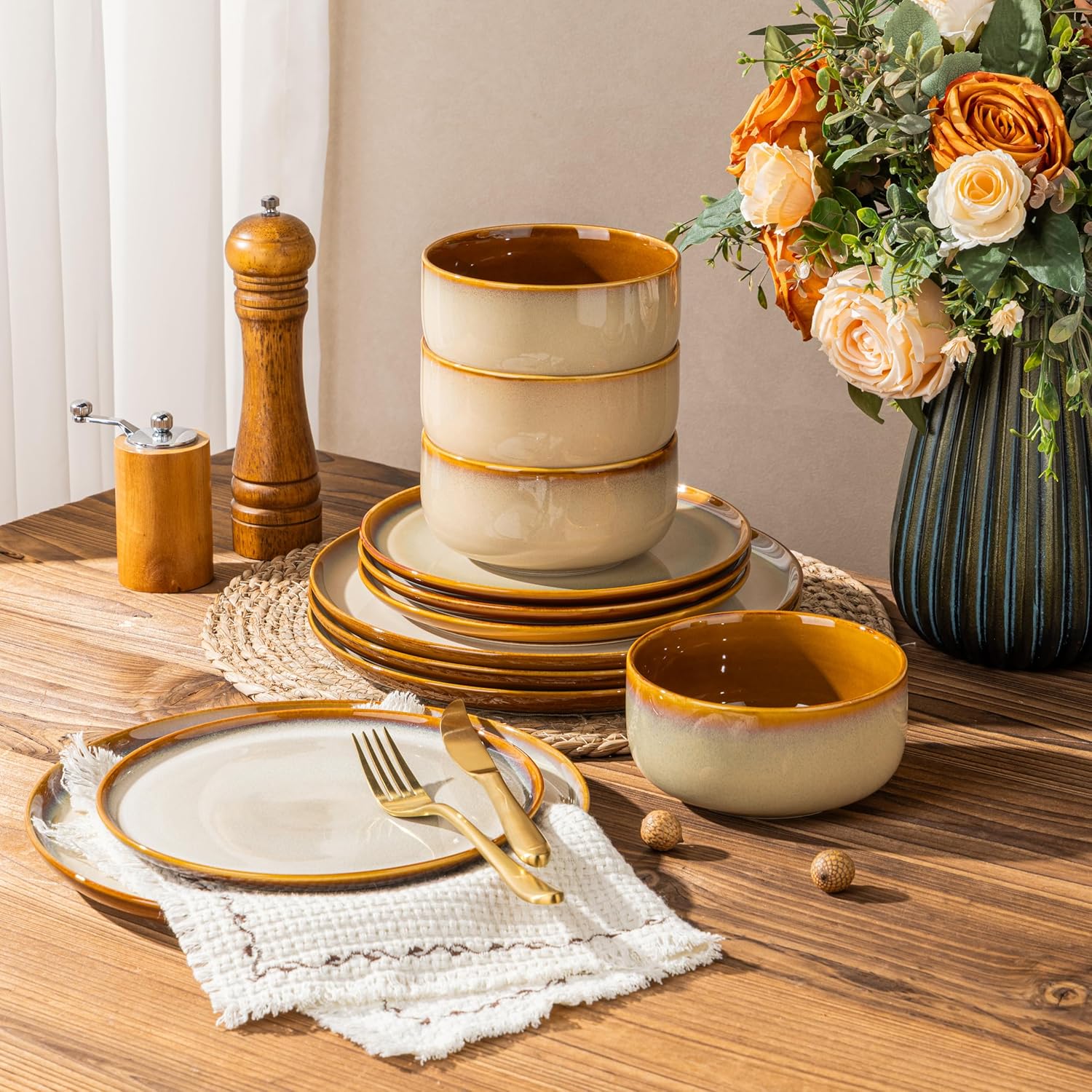 LeRatio Ceramic Dinnerware Sets for 4,12-Piece Plates and Bowls,Handmade Reactive Glaze Dishes Set,Chip Resistant and Scratch Resistant | Oven Dishwasher & Microwave Safe,Service for 4-Kahki