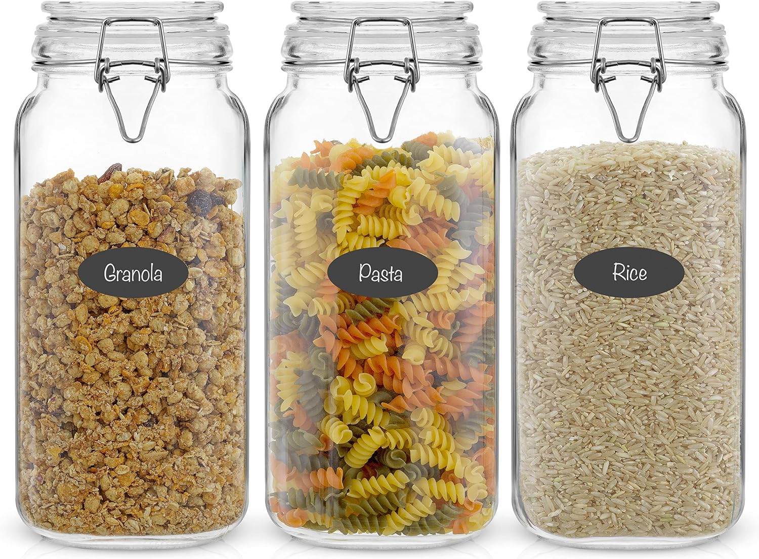 JoyJolt Airtight Glass Jars with Lids Set of 3. 78oz Glass Jar with Lid and 6 Silicone Seals! Large Glass Food Storage Containers. Square Mason Jar, Candy Jar, Flour Jar, Pasta Containers for Pantry