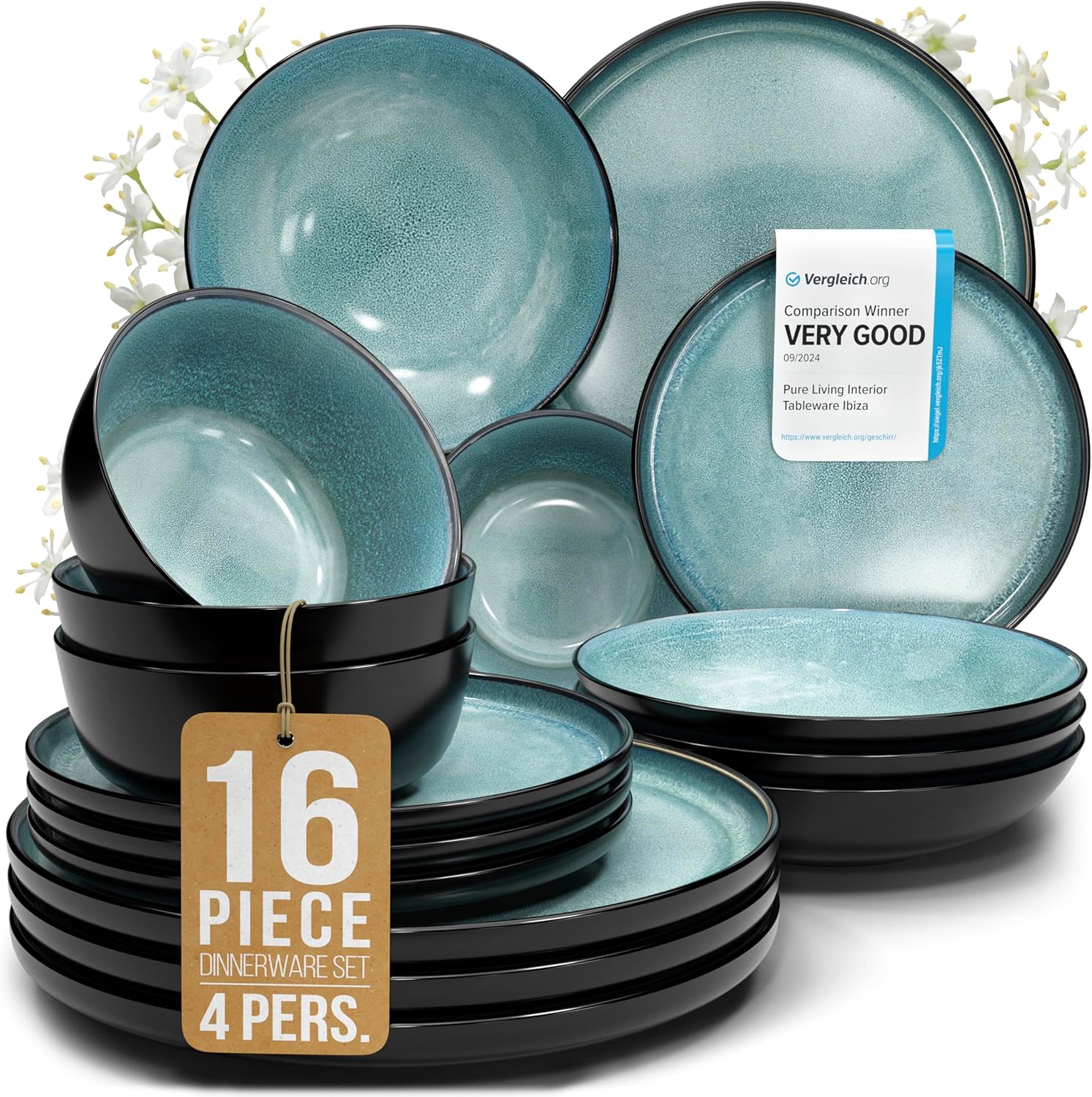 Stoneware Dinnerware Set for 4, 16 Piece Plates and Bowls Set – Handmade Reactive Glaze, Chip & Scratch Resistant Sets – Dishwasher Microwave Safe, Modern Kitchen Dinner Service in Dark Petrol Blue