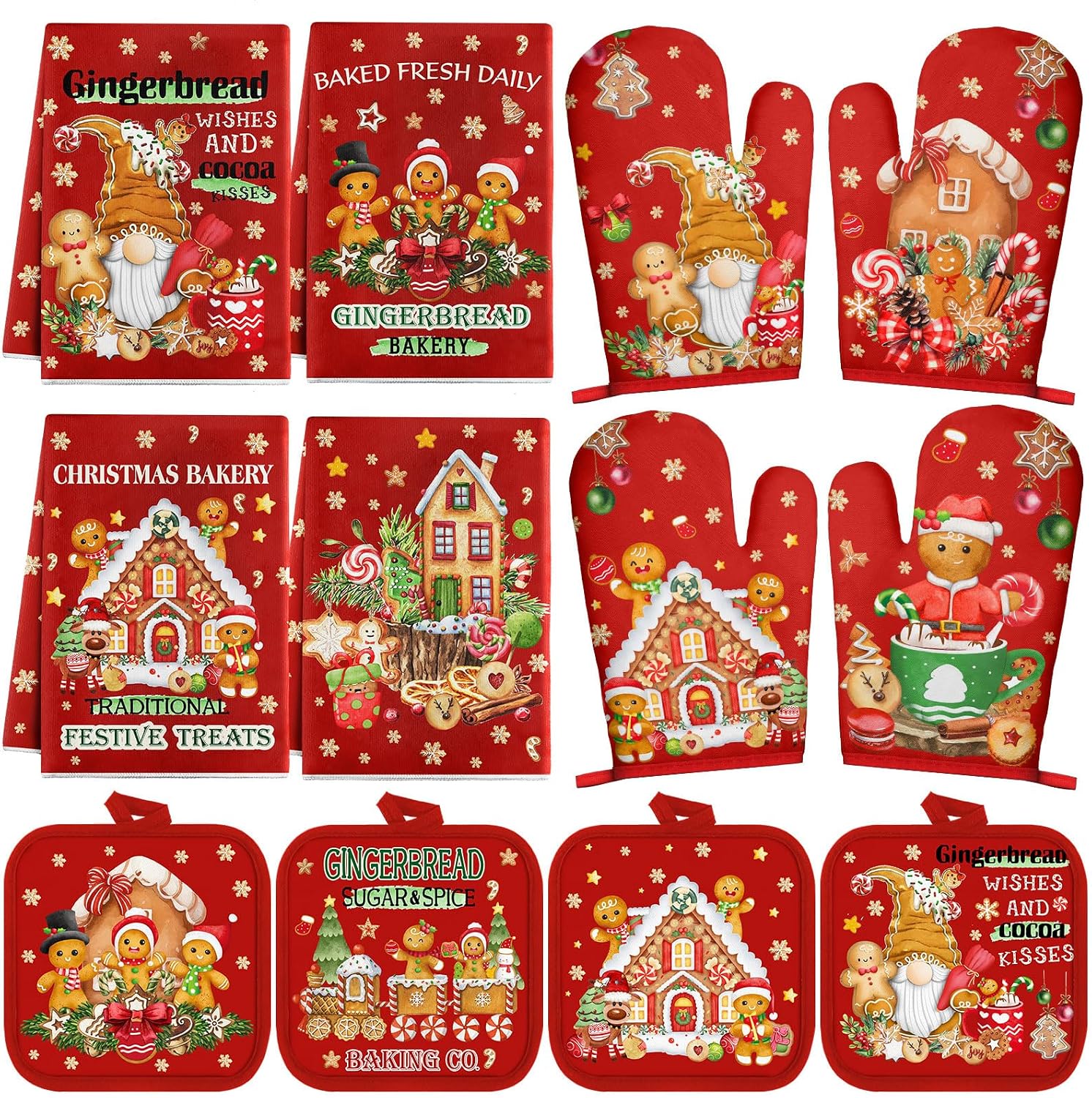 SiliFine 12 Pcs Oven Mitts and Kitchen Towel Sets 4 Dish Towels 4 Potholders 4 Vintage Resistant Glove for Cooking Baking Home Gifting(Gingerbread Man)