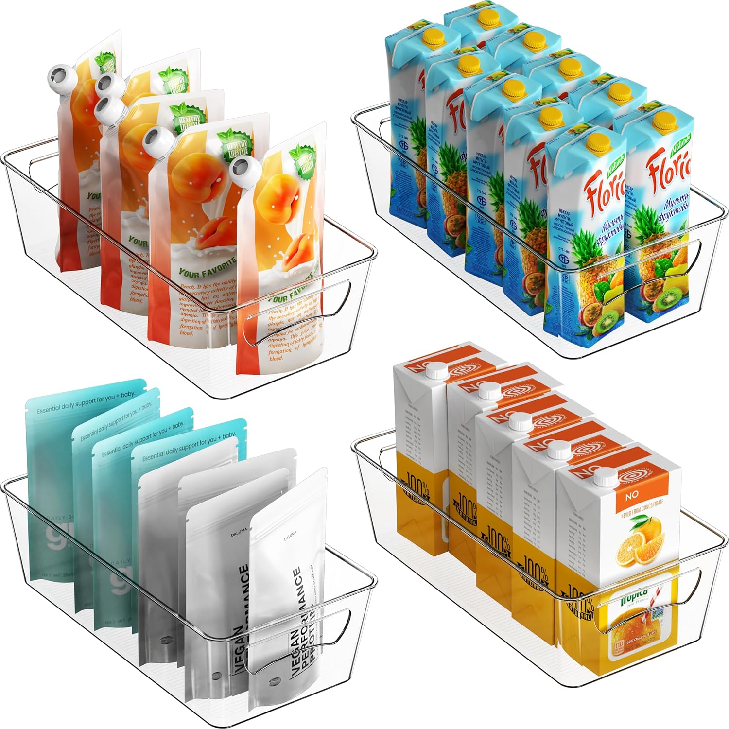 Simple Houseware Clear Storage Bins Organizer for Freezer / Fridge / Pantry, 12” x 6.2” x 3.4”, 4 Packs