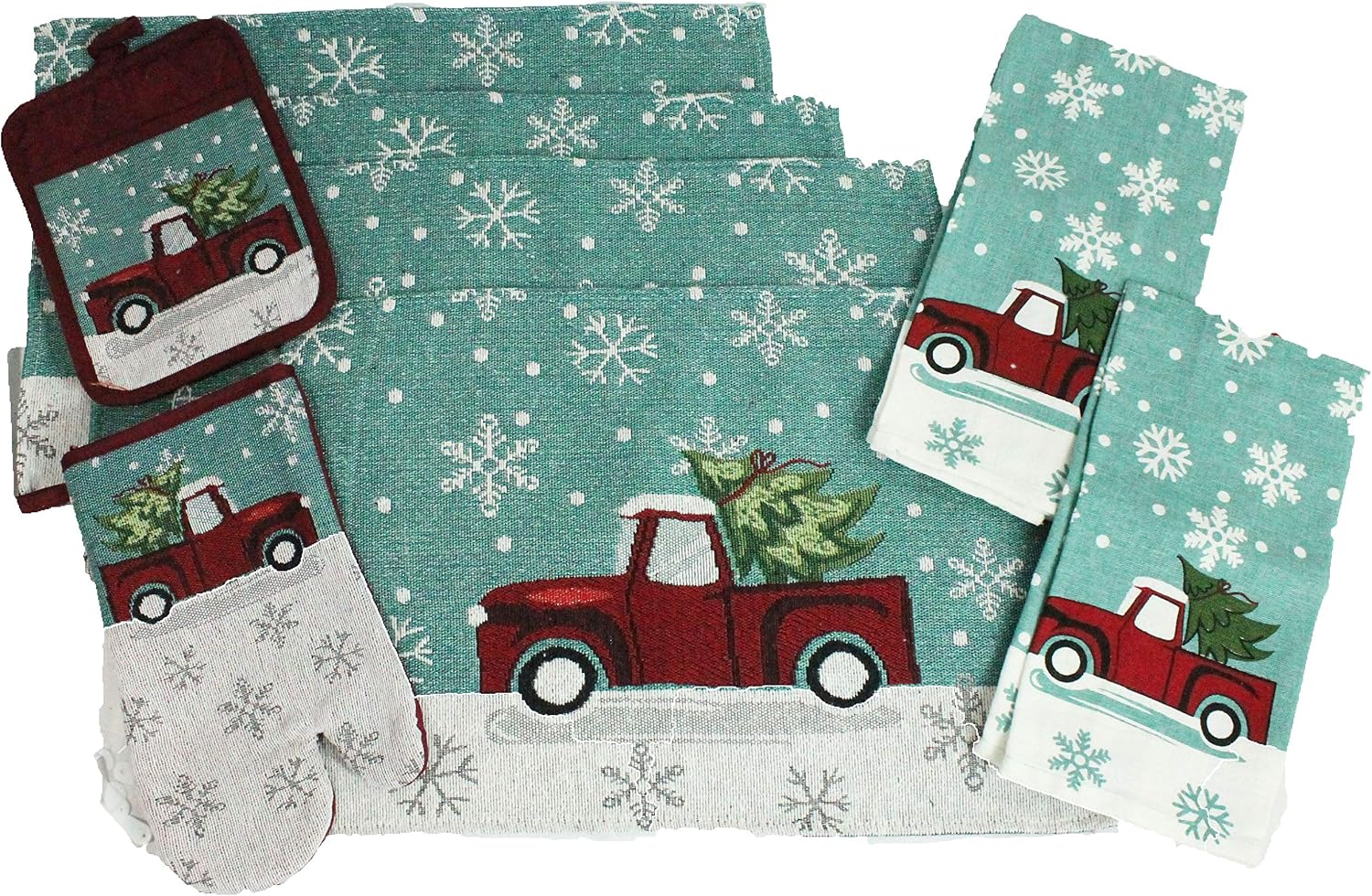 Christmas Placemat and Christmas Kitchen Towel, Kitchen Decor Set w/Cute Vintage Truck Hauling Tree – Choose from Placemats, Towels, Pot Holder, Oven Mitt – Comes in Organza Gift Bag!