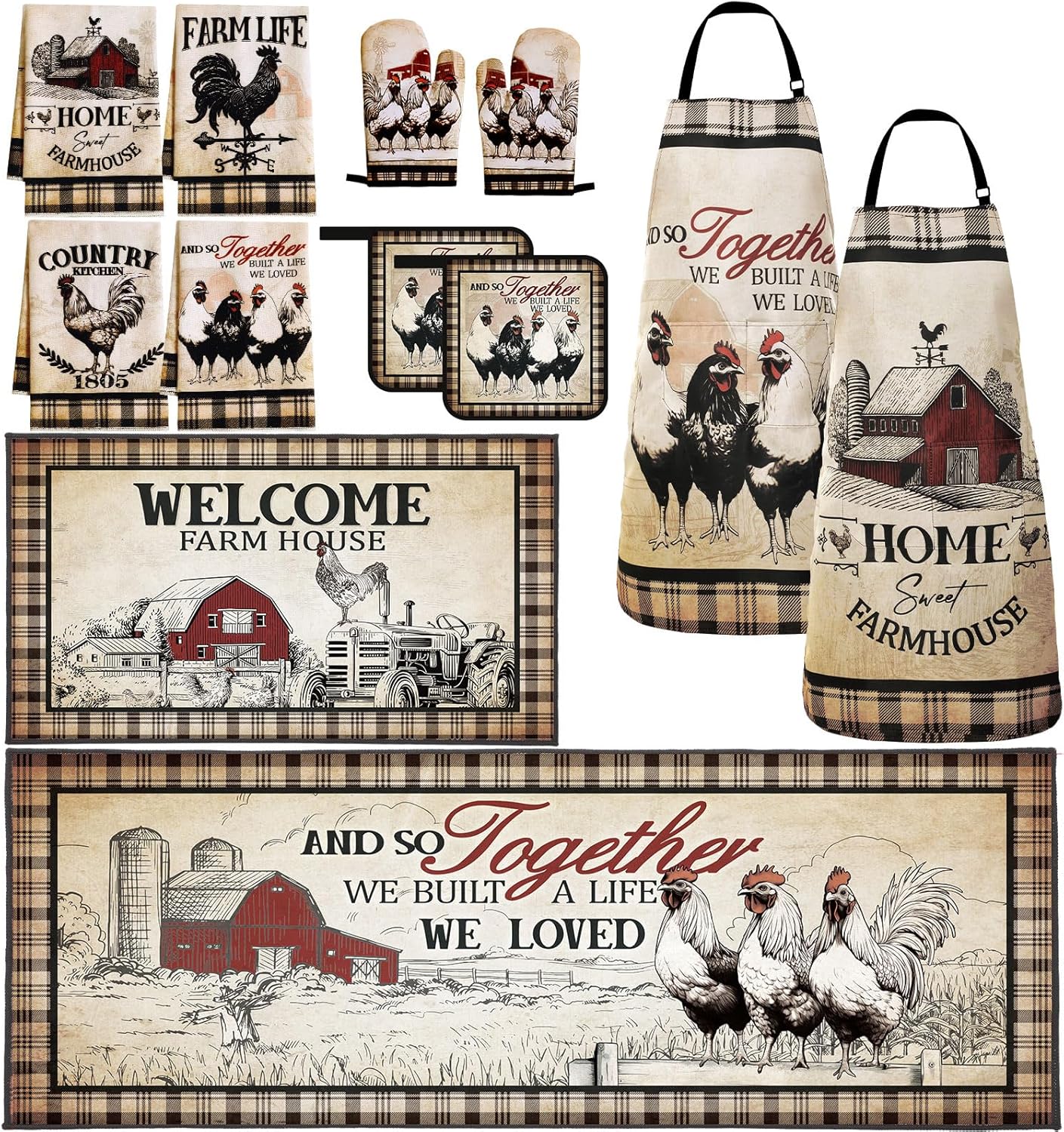 Fourluoo 12 Pcs Farmhouse Kitchen Decor Set Rooster Kitchen Towels Rugs Apron Oven Mitts Pot Holders for Cooking Baking Grilling Mom Gift