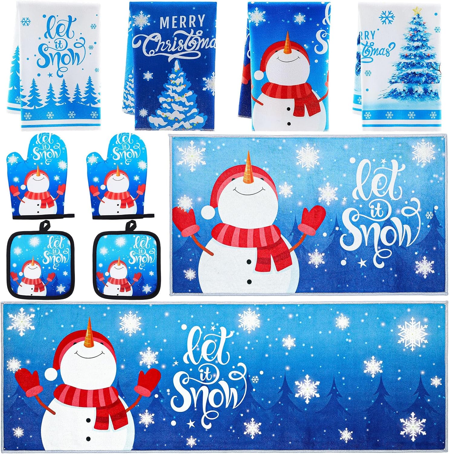 Nuanchu 10 Pcs Blue Christmas Kitchen Dish Towels Rugs Oven Mitts and Pot Holders Set Let It Snow Snowman Farmhouse Decor for Winter Xmas Holiday Women Mom Daughter Gift for Baking Cooking Grilling