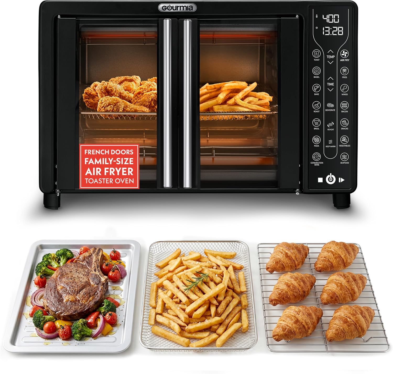 Gourmia French Door Air Fryer Toaster Oven – 6-Slice Capacity, FryForce 360°, Digital Display with 17 Cooking Presets, Black