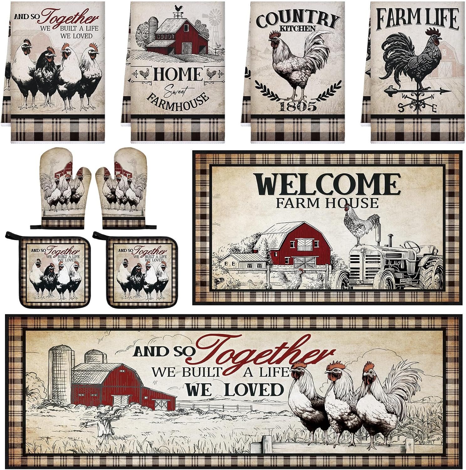 Fourluoo 10 Pcs Barn Chicken Kitchen Dish Towels Rugs Oven Mitts and Pot Holders Set Farmhouse Kitchen Decor Set for Women Mom Daughter Gift Cooking Baking Grilling (Retro Color)