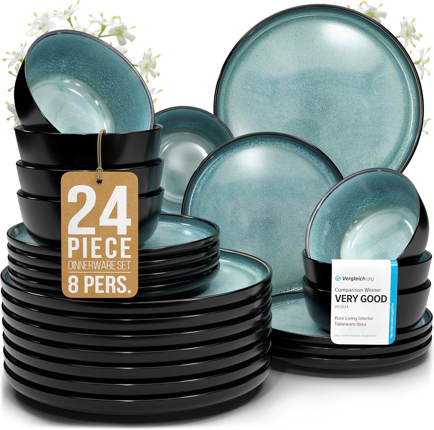 24 Piece Stoneware Dinnerware Set for 8 – Handmade Reactive Glaze Plates and Bowls Set – Chip & Scratch Resistant Dish Set – Dishwasher Microwave Safe – Black and Petrol Blue