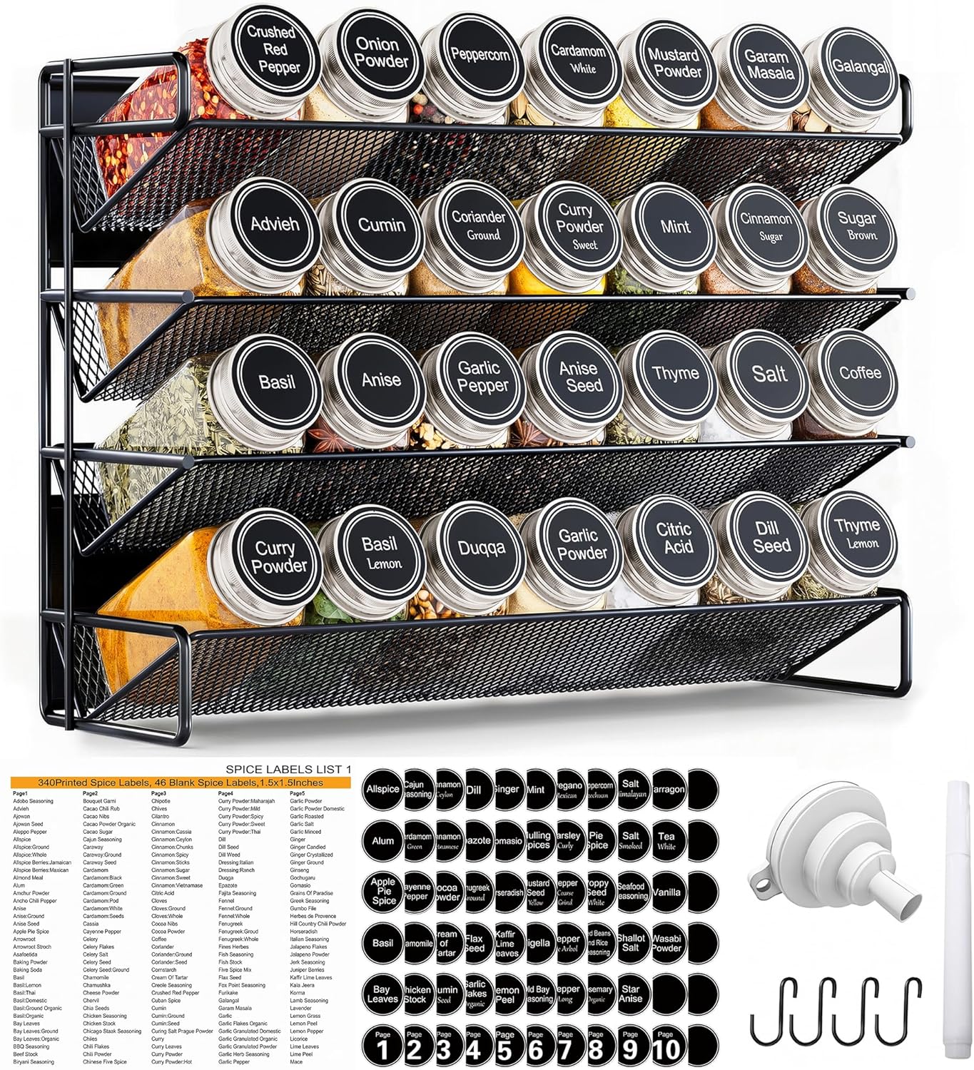 UVIAHOMI Magnetic Spice Rack Organizer for Refrigerator with 28 Spice Jars, 386 Spice Labels, 4 Hook, Chalk Marker and Funnel Set, Magnetic Shelf for Seasoning Organizer, 13.2” W x 9.8 H, Black