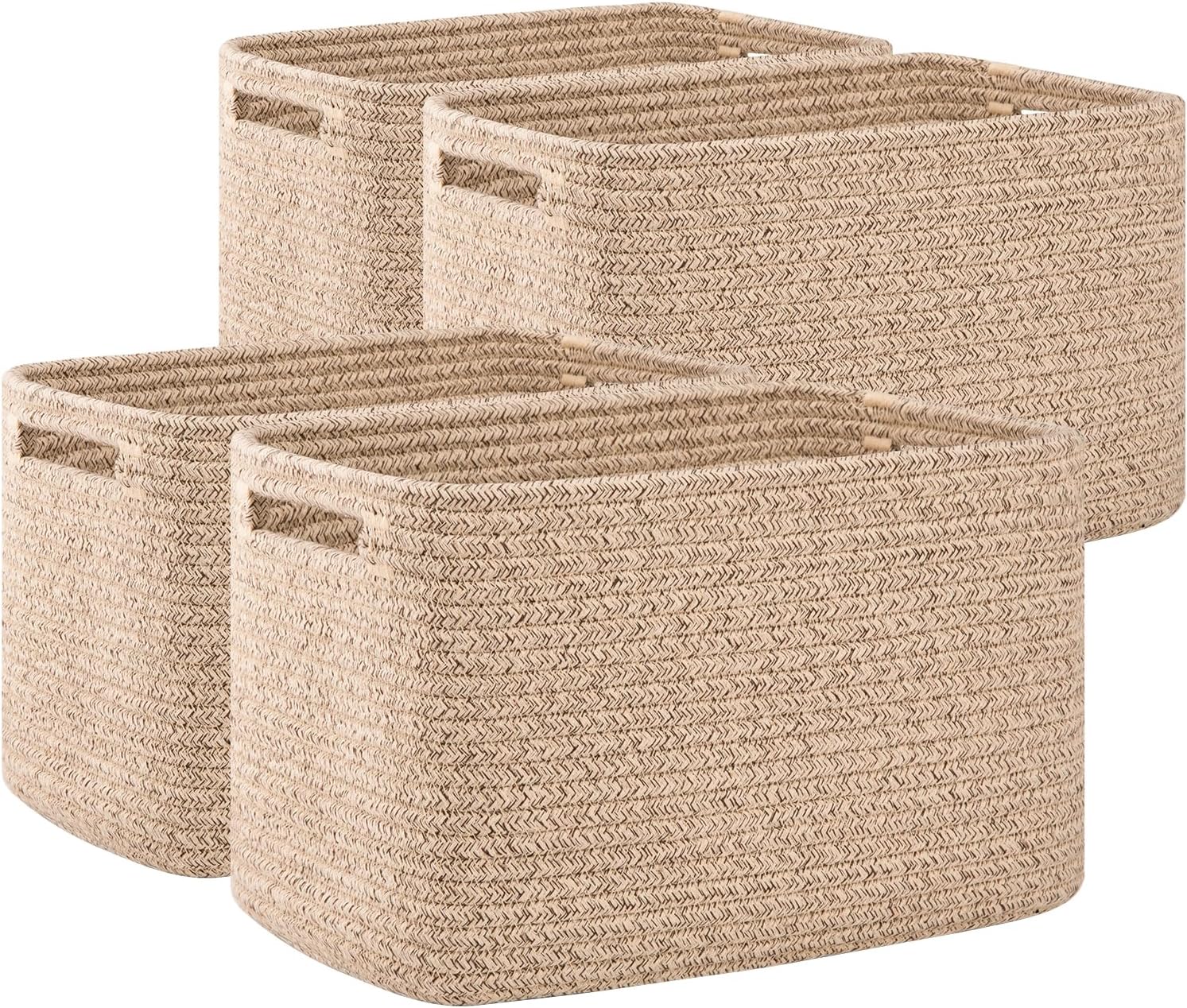 OIAHOMY 4 Pack Storage Baskets for Organizing, Cube Storage Bins for Shelves, Rectangle Storage Baskets With Handles, Woven Baskets for Storage, 12.7”Lx9”Wx7.8”H, Mixed Brown