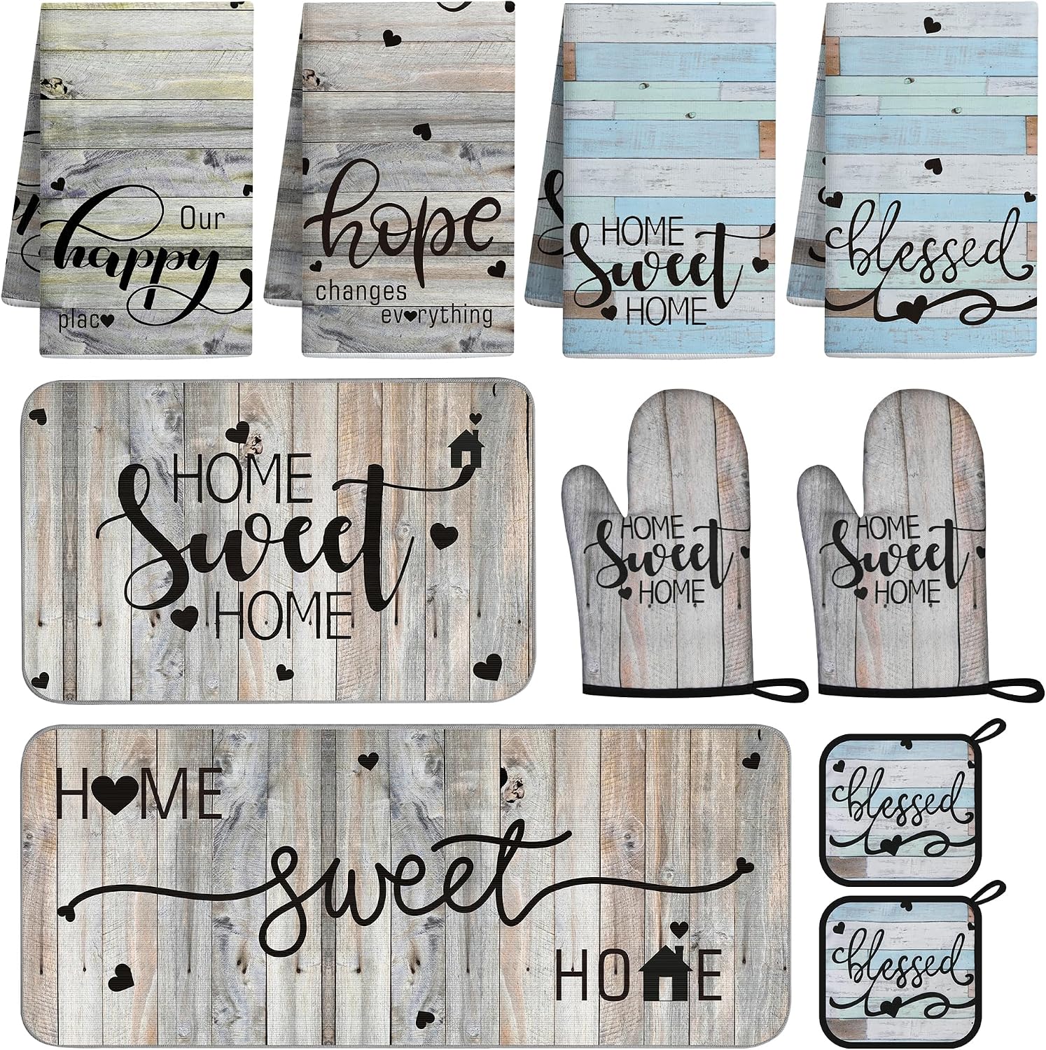 10 Pcs Farmhouse Kitchen Decor and Accessories Set 4 Kitchen Dish Towels 2 Pot Holders 2 Oven Mitts 2 Rugs for Floor Home Decorations Cooking Baking Mom Daughter Gifts Brown Green