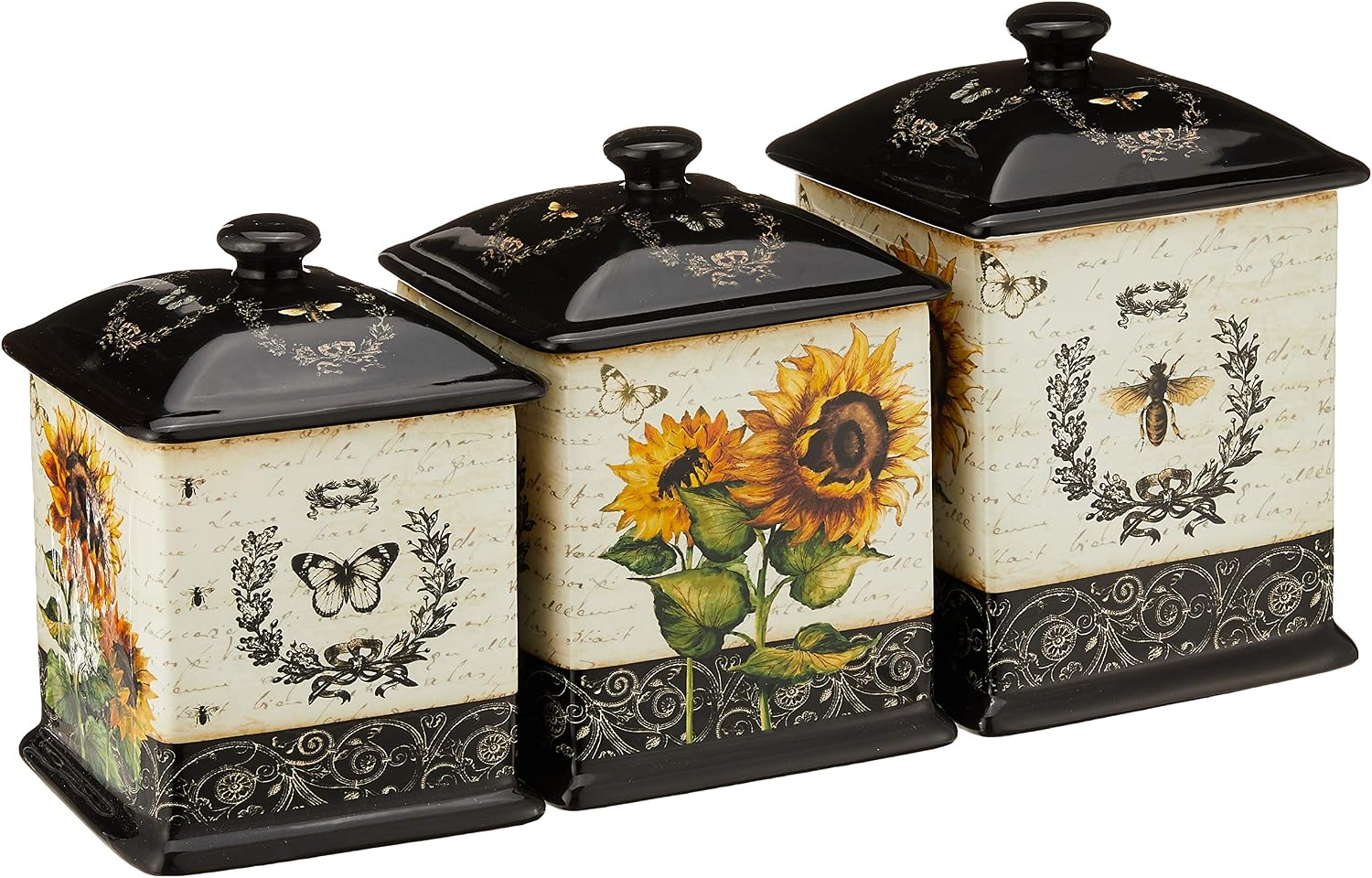 Certified International French Sunflowers Canister Set, Set of 3 Ceramic Kitchen Storage Jars with Lids, Vintage Sunflower Decor, Floral Bee Butterfly Design, 56/60/96 oz