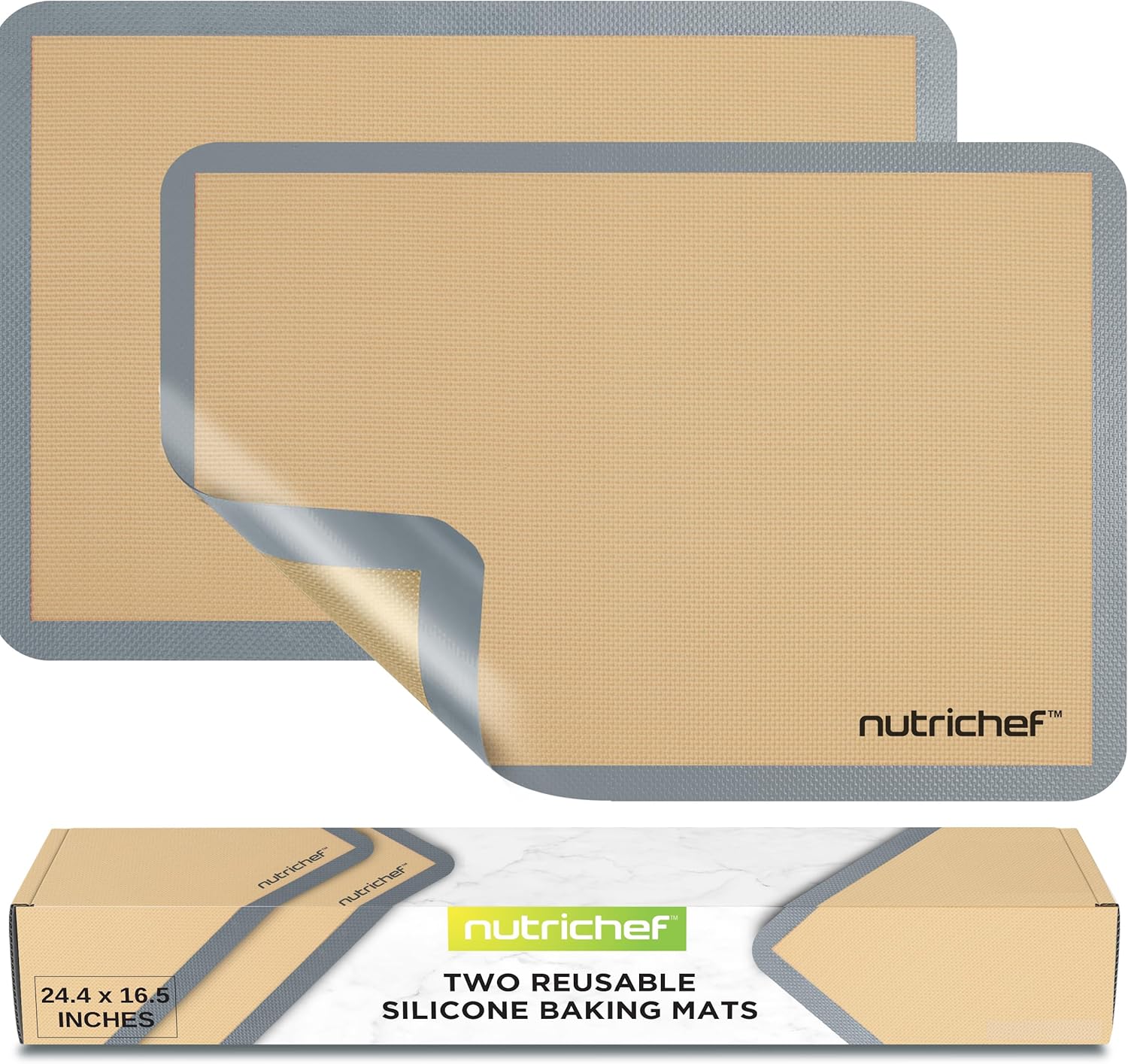 Nutrichef Silicone Baking Mats – 2 Non-stick Food-Grade Silicone Mats – Perfect for Full Baking Pans 24.4 x 16.5 IN – Oven-safe Up to 480 Degrees F – Suitable for Ovens, Freezers, & Dishwashers – Grey