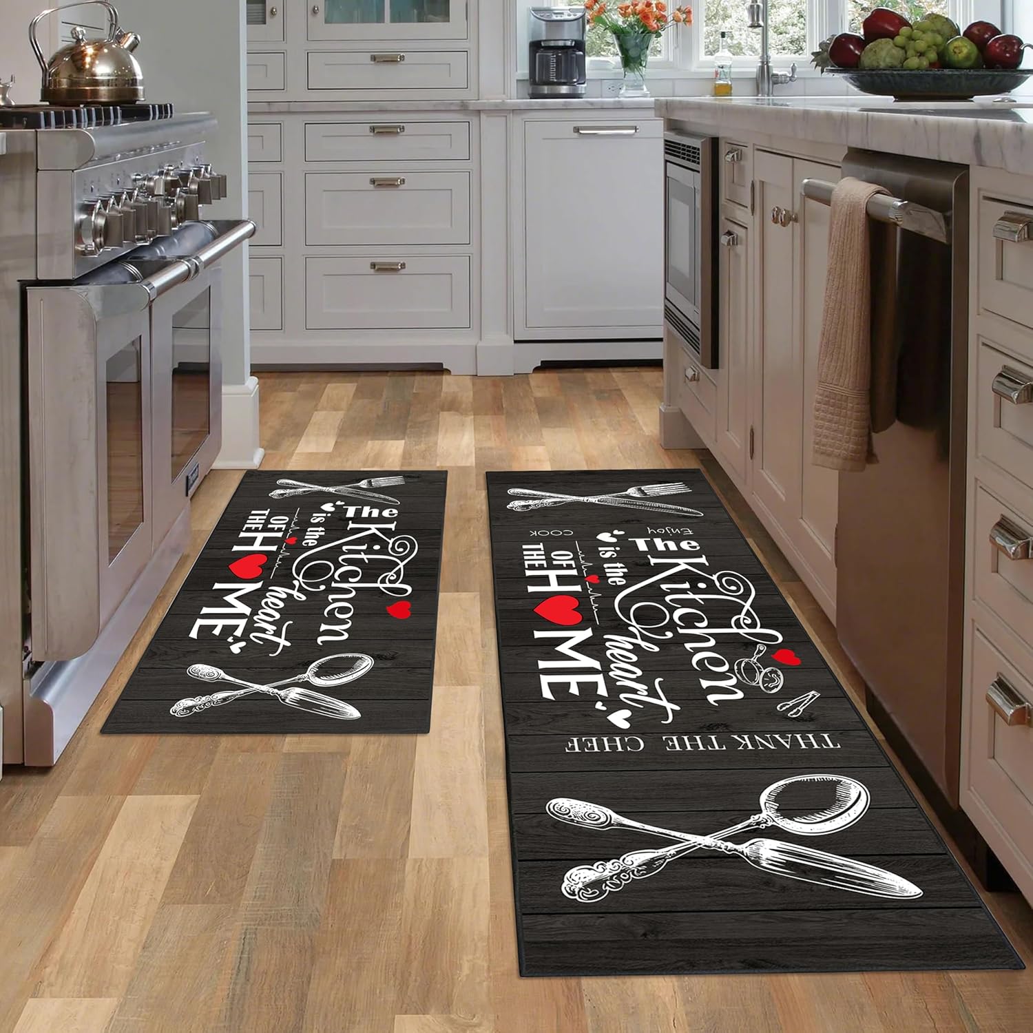 JWXCBIM Farmhouse Kitchen Rug 2 Piece Set, Black and White Rustic Vintage Style Theme Decor Kitchen Rugs, Absorbent Washable Non-Slip Floor Mats, Home Indoor Runner Carpet 17×30+17×47 Inches