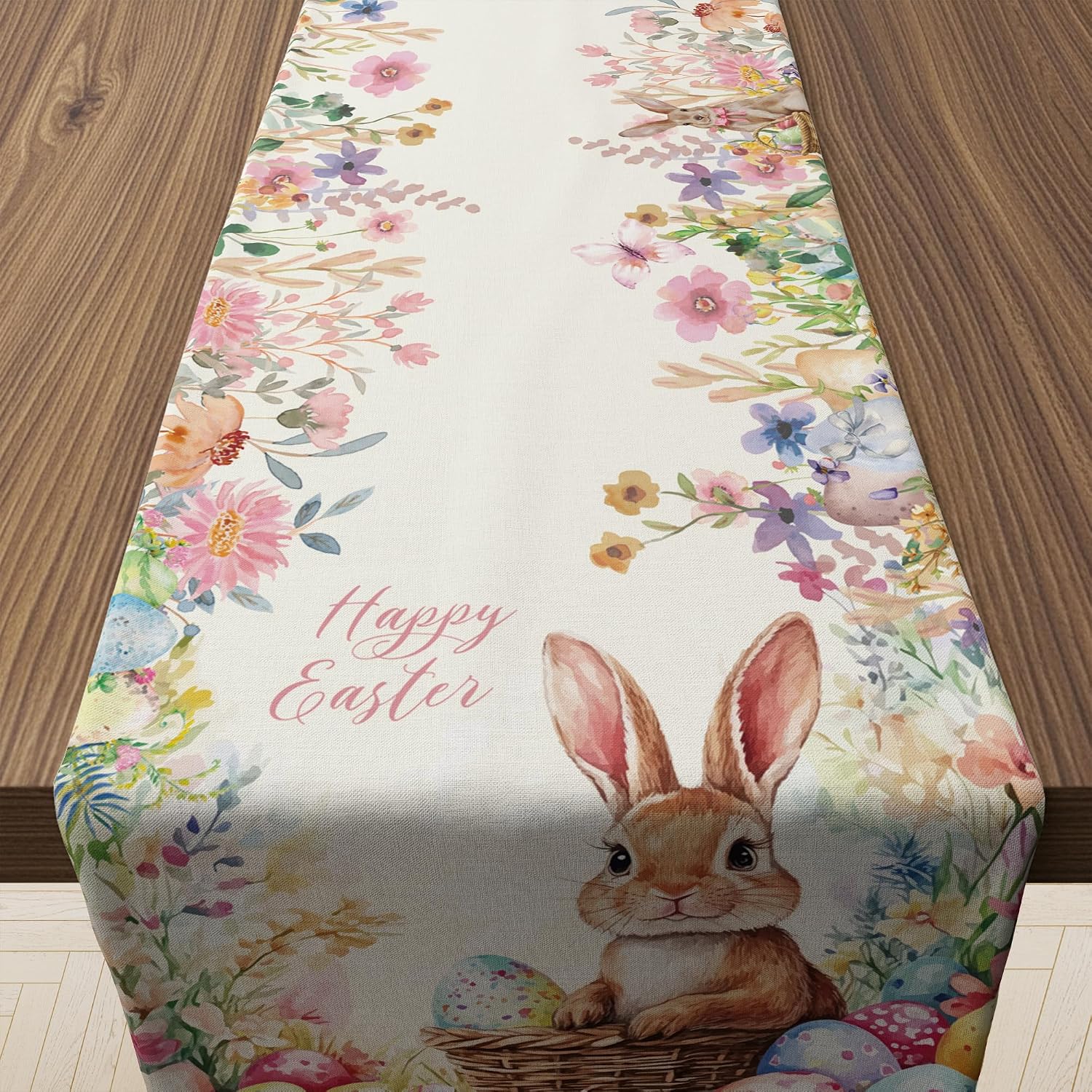 OHOME Easter Decorations – Egg Rabbit Table Runner | Easter Party Decorations Favors Supplies Indoor Outdoor – Spring Backdrop Banner Basket Stuffers for Kitchen Home Dining Table Decor
