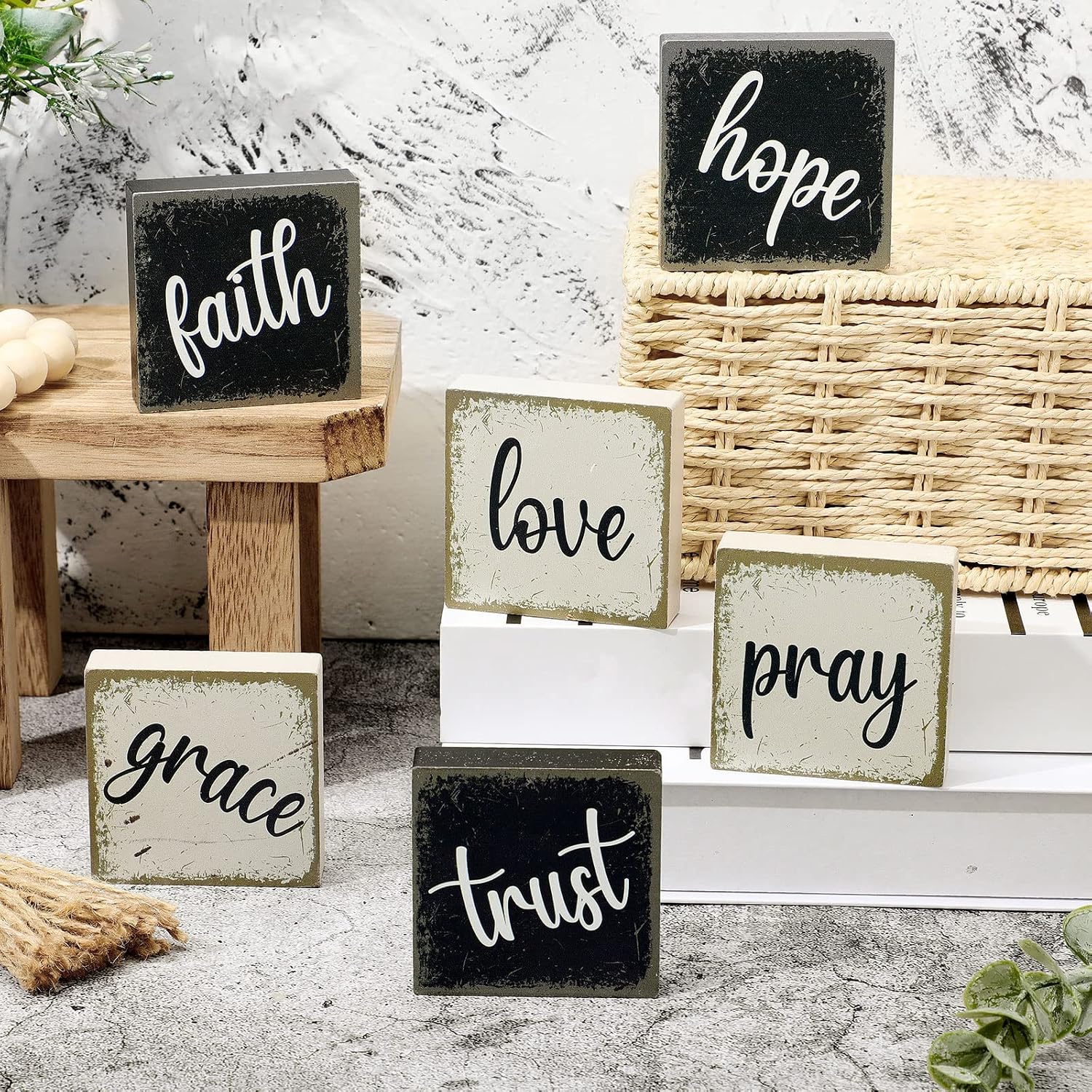 Qunclay 6 Pieces Farmhouse Tiered Tray Decor Inspirational Rustic Wood Sign Faith Love Hope Wooden Table Decorations Art Print Wooden Block Signs for Office Home Tabletop Bookshelf, 2.5 x 2.5 Inch