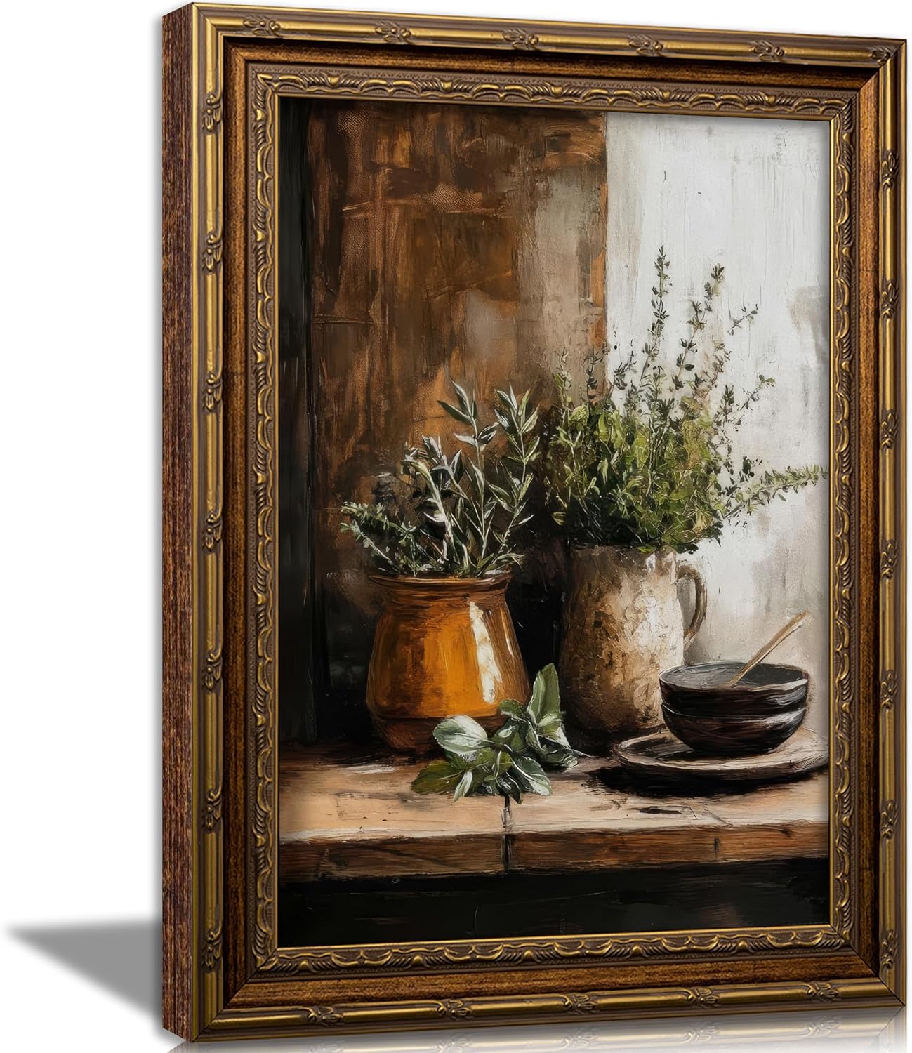 Vintage Gold Framed Kitchen Wall Art Farmhouse Rustic Still Life Canvas Painting Picture Wall Decor Retro Country Jars Botanical Poster Print Artwork for Dining Living Room Home Decoration