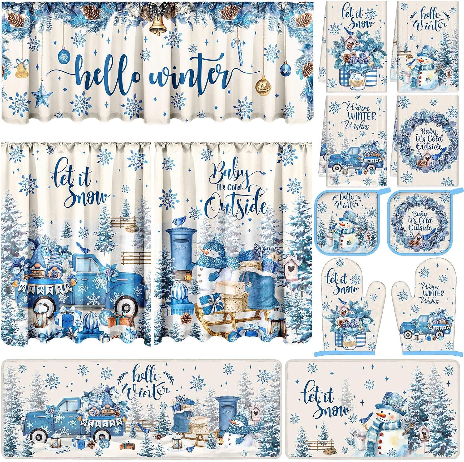 13 Pcs Winter Kitchen Sets with Kitchen Towels Non Slip Mats Curtains Valance Pot Holders Oven Mitts Snowman Truck Home Decoration Accessories Sets for Cooking Grilling Baking Gift