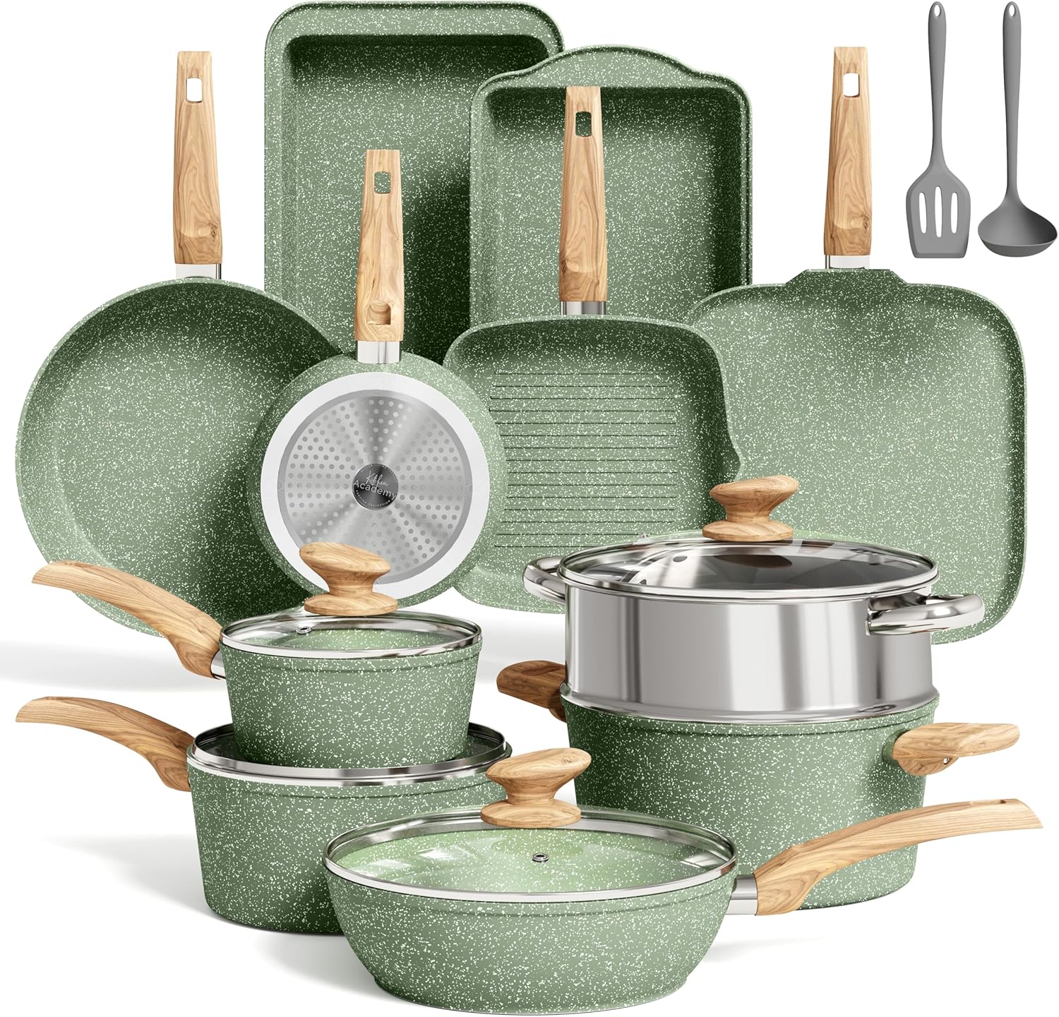 MAISON ARTS Green Pots and Pans Set Non Stick, 17 Piece Induction Kitchen Cookware Sets, Non Toxic Granite Pan Sets for Cooking Nonstick